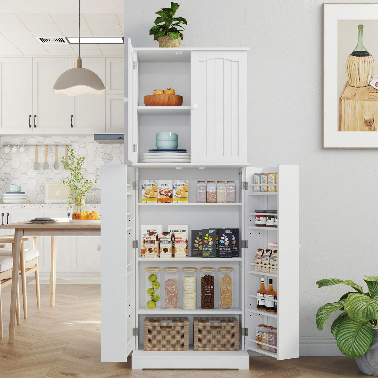 Yusong 64'' Kitchen Storage Cabinet, Tall Pantry Storage Cabinet with Doors and Shelves, Food Free Standing Pantry for Kitchen Dining Living Room, White Yusong