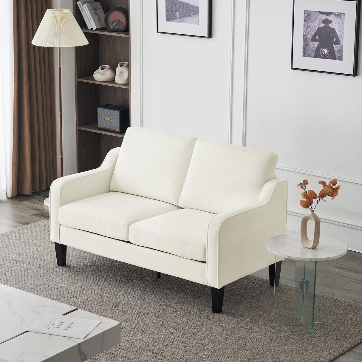 VINGLI Loveseat Mid-Century Modern Loveseat Sofa Couch 53" Wide 2 Seater Sofa Couch Love Seat with Scooped Armrest for Small Spaces, Living Room, Dorm, Bedroom, Apartment (Creamy White) VINGLI