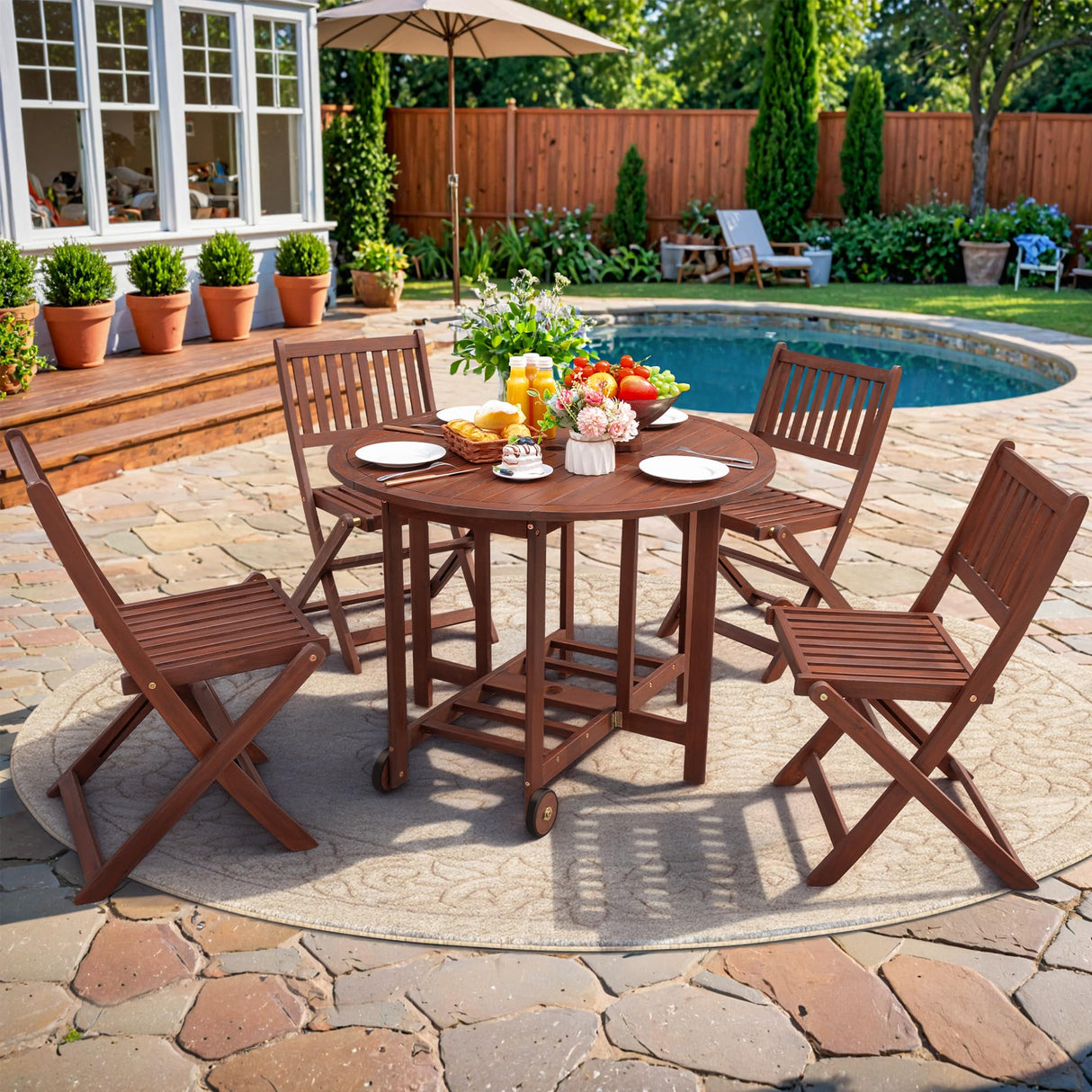 Greesum 5 Piece Patio Dining Set Outdoor Acacia Wood Furniture All-Weather Folding Round Table and Chairs for Backyard,Balcony,Porch,Deck,Garden, Dark Brown Greesum