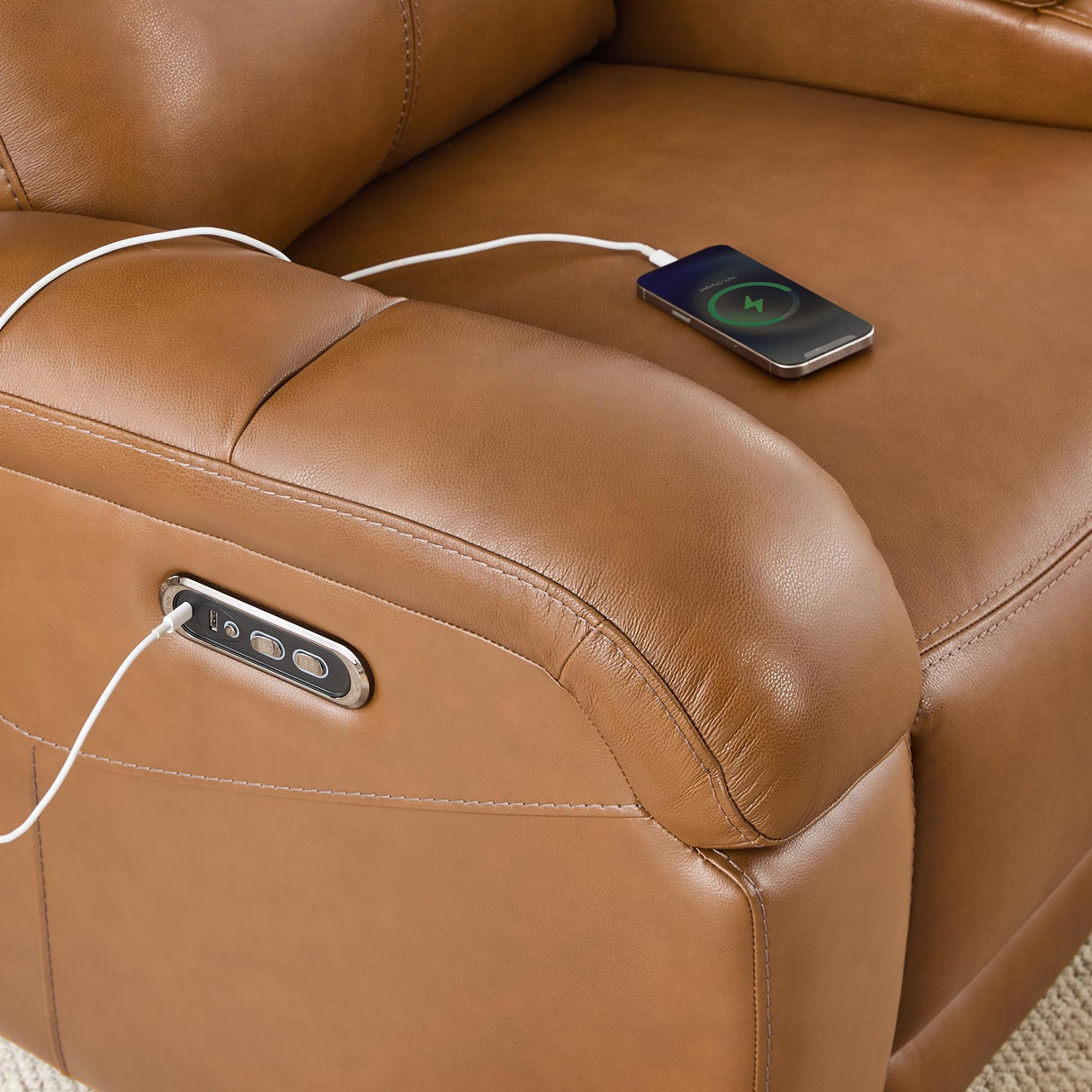 Watson & Whitely Genuine Leather Power Recliner Sofa, 3 Seater Wall Hugger Reclining Sofas with Power Headrest, USB & TypeC Ports, Electric Recliner Couch Set for Living Room, Saddle Brown Watson & Whitely