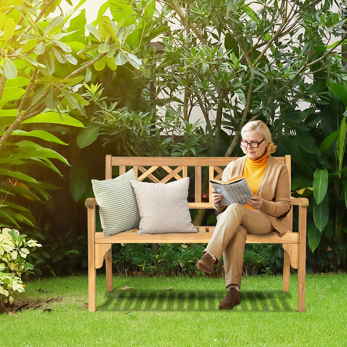 Tangkula Teak Folding Acacia Wood Garden Bench for 2 – Space-Saving, Ergonomic Design with Stylish Lattice Backrest Tangkula
