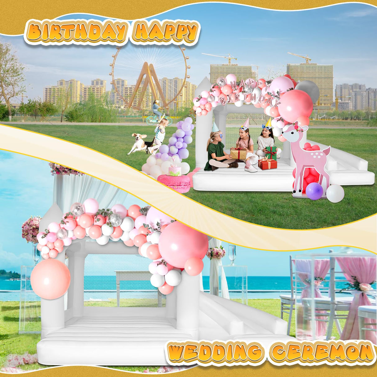 AKSPORT White Bounce House Inflatable Jumping Castle with Slide & Air Blower for Kids, Wedding & Birthday Parties, 17 * 11 * 10FT AKSPORT