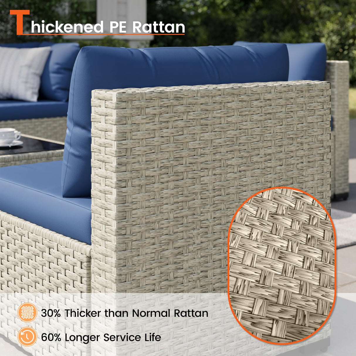 VONZOY Patio Furniture Set, 7-Piece Outdoor Sectional All-Weather Wicker Patio Conversation Set for Backyard (Navy Blue Cushions with Grey Rattan) VONZOY