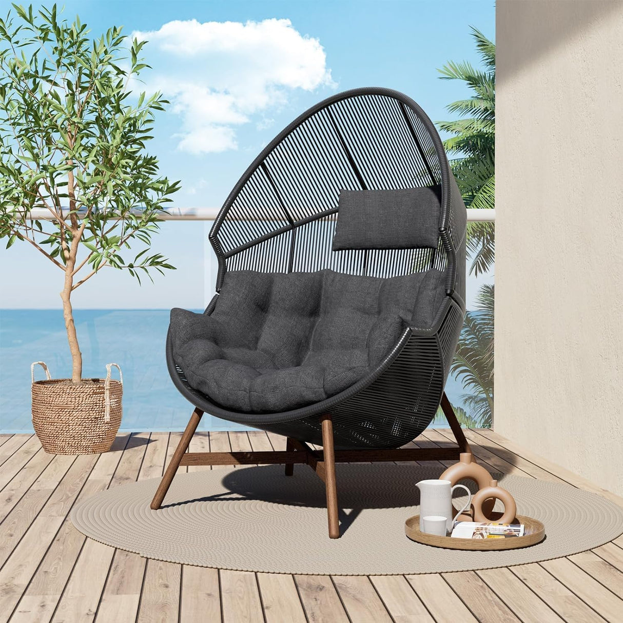 Grand patio Outdoor Egg Chair PE Wicker Wood Grain Finish Comfortable Conversation Chair with Olefin Cushion Oversized Lounger Chair with Stand for Porch, Backyard, Living Room - Dark Grey Grand patio