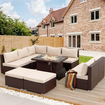 NICESOUL 10 Piece Patio Furniture Sectional Set with Fire Pit Propane/Natural Gas Convertible, 29.3'' High Back Deep Wide Outdoor Couch, 9 Seater Oversized High-End Wicker Conversation Sofas, Brown