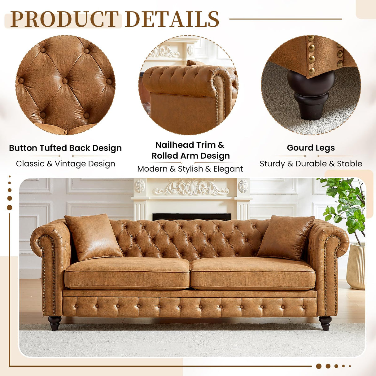 Mid Century Modern Couch, 85.5"W High-tech Fabric Button Tufted Oversized Loveseat Sofa with Nailhead Trim & Roll Armrests, Deep Seat Comfy Chesterfield Sofa for Living Room, Office(3 Seater, Brown) JEEOHEY
