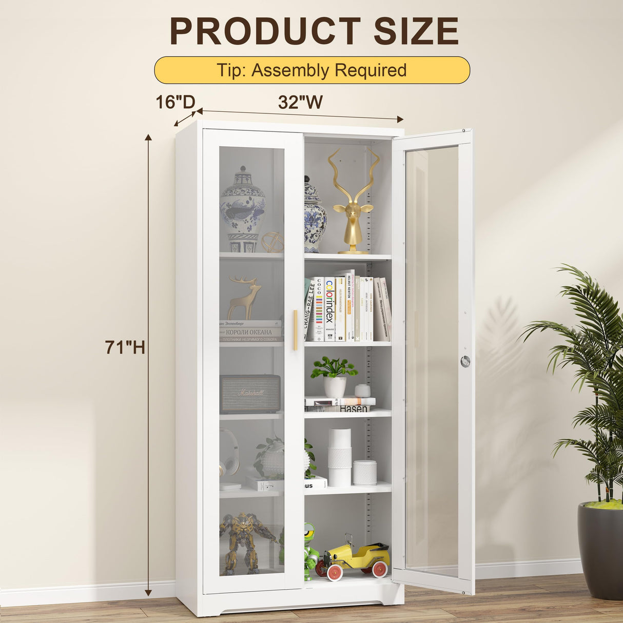 Glass Display Cabinet with Doors - White Metal Curio Cabinet with Lock Collectibles Storage Cabinet 71in Liquor Cabinet Retail Glass Display Cabinets with 4 Adjustable Shelves for Home Office TIMELESS PIECES