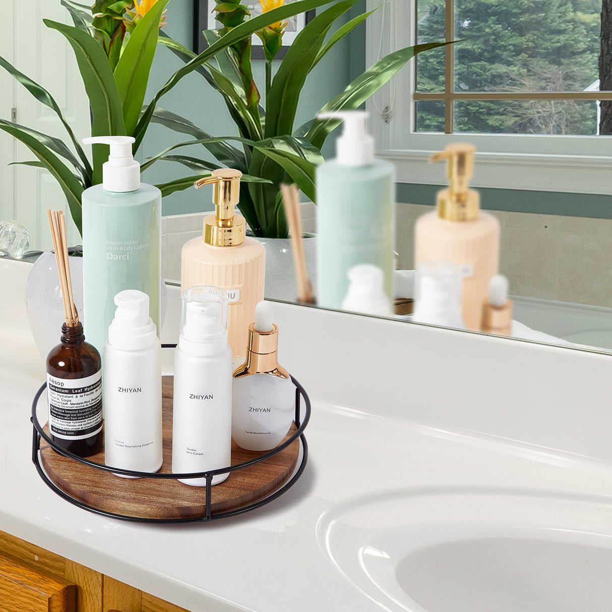 9" Acacia Wood Lazy Susan Turntable, Tomoaza Kitchen Organizer Turntable with Steel Sides, 360 Degree Turntable for Countertop Cabinet or Dining Table Tomoaza