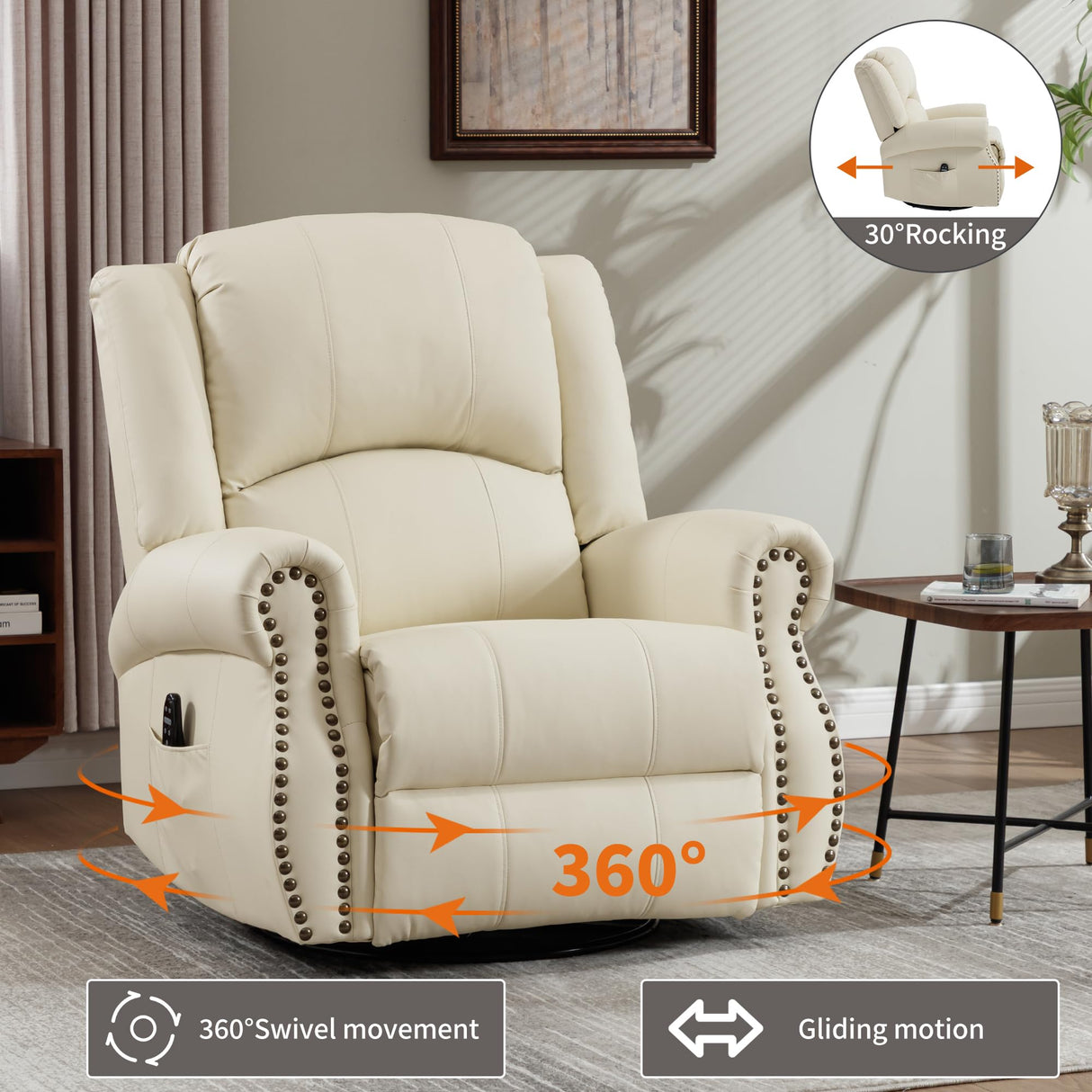 PELUMY Breathable Leather Recliner Chair with Heat Massage, 360° Swivel Rocking Recliner, Manual Glider Chair with Vibrating Massage for Living Room, Nursery (Beige) PELUMY