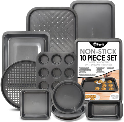 Perlli Baking Pan 10 Piece Set Nonstick Carbon Steel Gray Oven Bakeware Kitchen Set, 2 Cookie Sheets, 2 Round Cake Pans, Square Pan, Roasting Pan, Loaf Pan, Crisp Pan, Pizza Crisper, & Muffin Pan