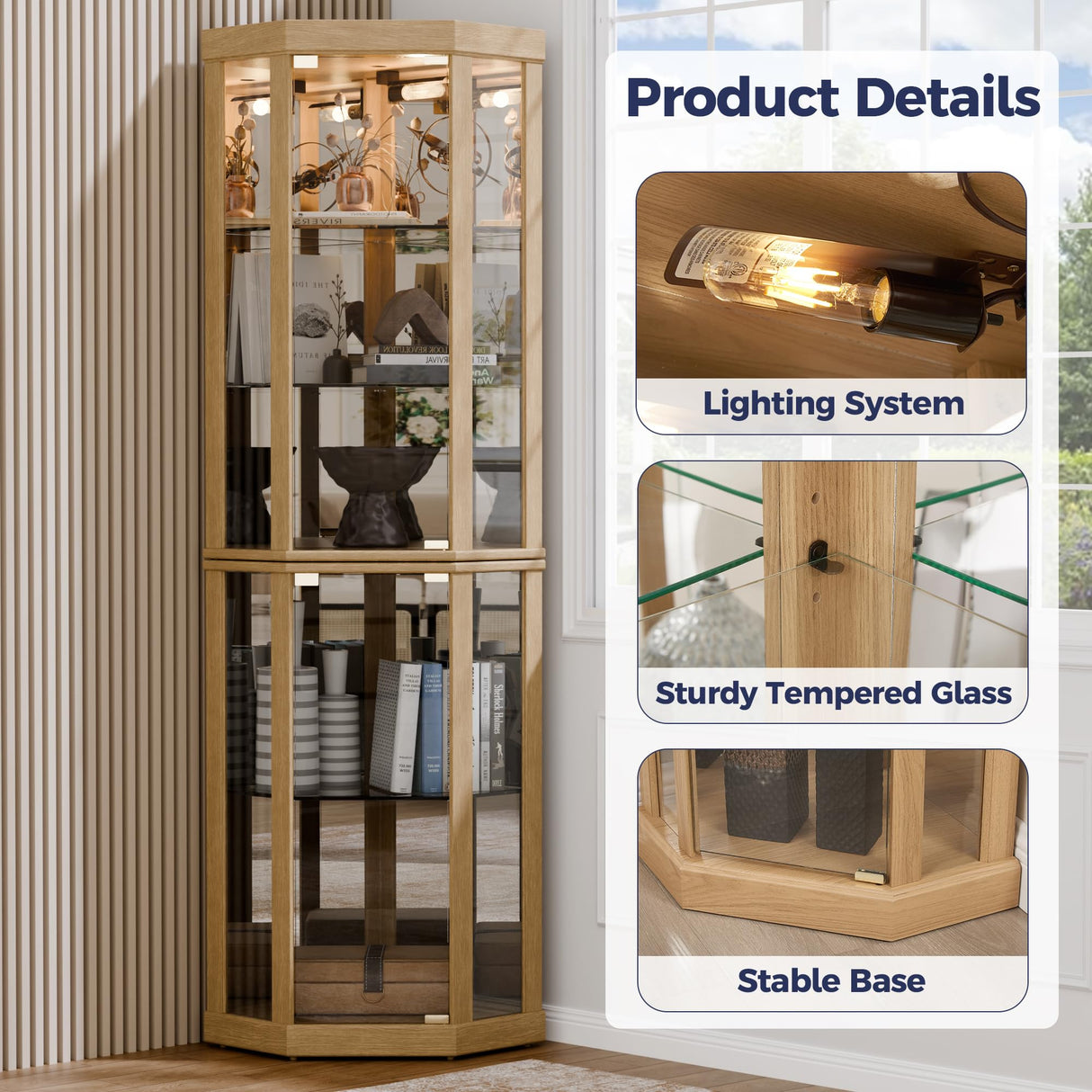 Trygoal Lighted 3-Side Glass Display Curio Cabinet, Accent Wooden Corner Cabinet with Elegant Glass Door, Wooden Storage Display Case for Living Room, Dining Room, Light Oak Trygoal