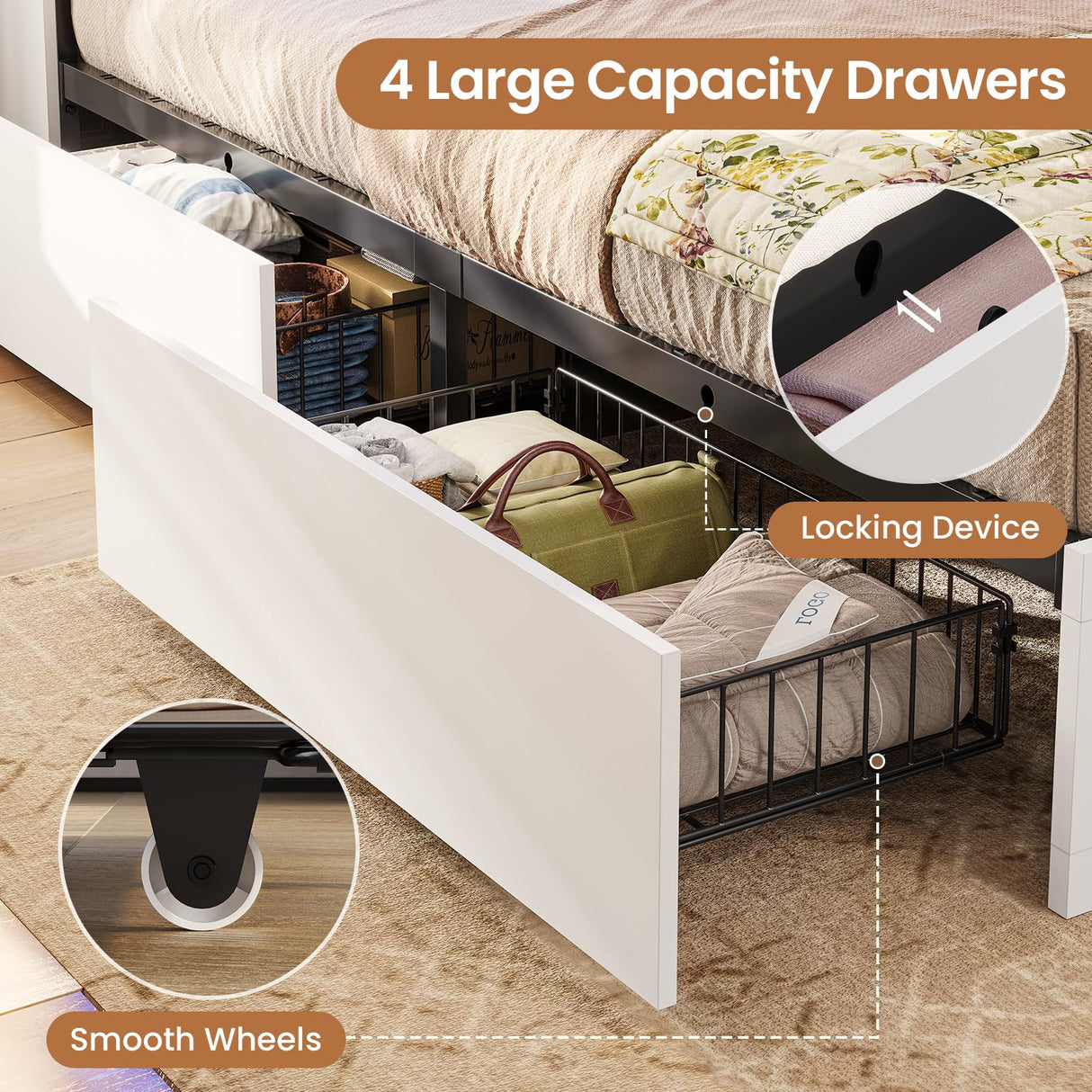 VIAGDO Farmhouse Bed Frame Twin Size with Bookcase Storage Headboard, Charging Station and LED Lights, Wooden Twin Bed Frames with 4 Drawers, Barn Door Design, No Box Spring Needed, No Noise, White VIAGDO