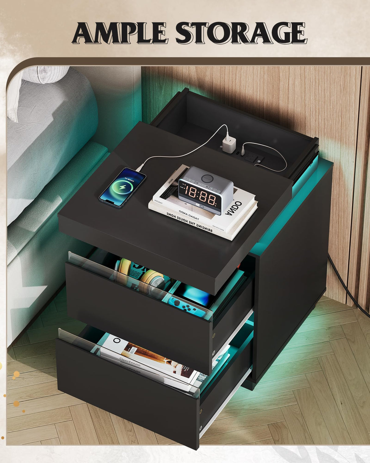 WLIVE Black Nightstand with Charging Station and LED Lights, Bedside Table with 2 Wooden Drawers and Sliding Top, Modern End Table Side Table for Bedroom, Living Room, Office WLIVE