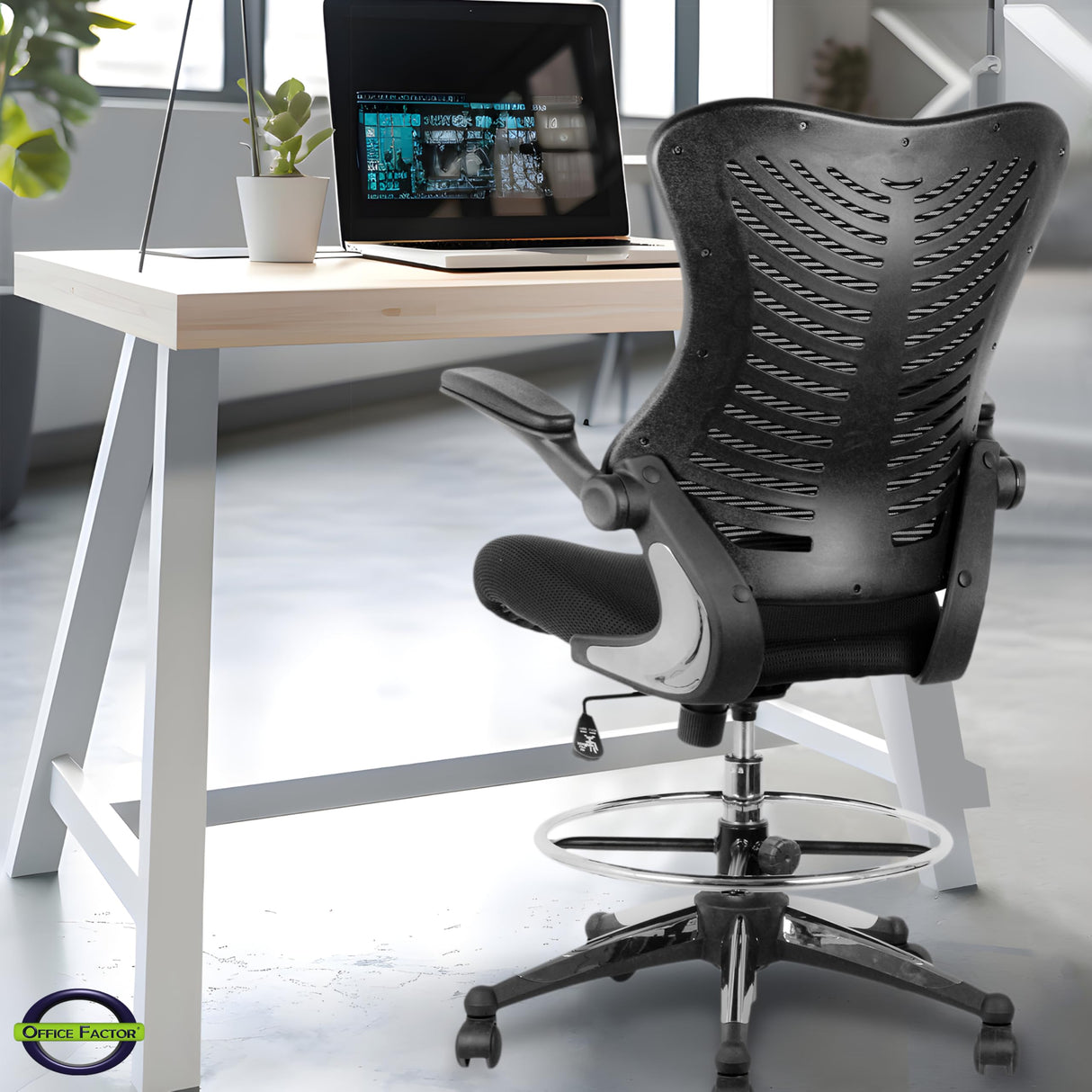 OfficeFactor Ergonomic Drafting Chair Tall Office Chair Standing Desk Chair Flip up Armrests Molded Foam Seat with Adjustable Footrest Ring Lumbar Support (Black MESH Fabric) OFFICE FACTOR