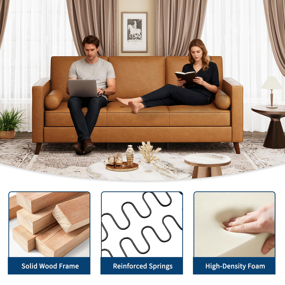 GarveeHome 81" Leather Sofa for Living Room, Mid-Century Modern Couch with Deep Seats, Brown Faux Leather Couch, 3 Seat Sofa with Removable Cover for Apartment, Office, Cognac Tan GarveeHome