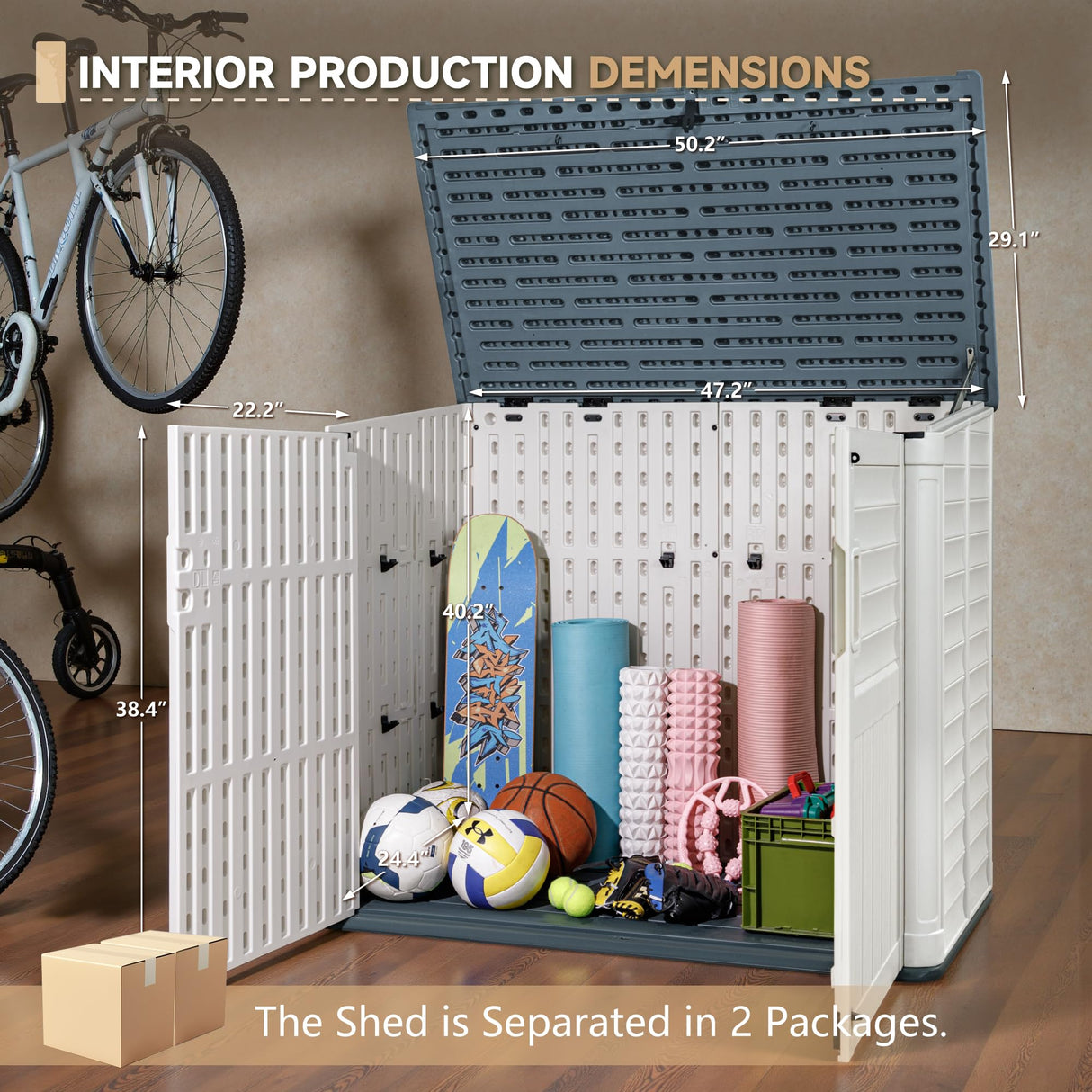 Devoko Resin Outdoor Storage Shed, 34 Cu Ft Outdoor Storage Cabinet Without Shelf, Waterproof, Double Locks, Resin Storage for Trash Can, Garden Tools, Pool Supplies (Beige) Devoko