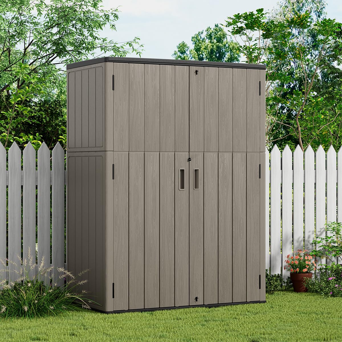 KINYING Outdoor Storage Cabinet Waterproof, 57 Cu.ft Resin Vertical Outdoor Storage Shed for Patio Furniture, Garden Tools, Pool Accessories, Mower Storage (Brown) KINYING