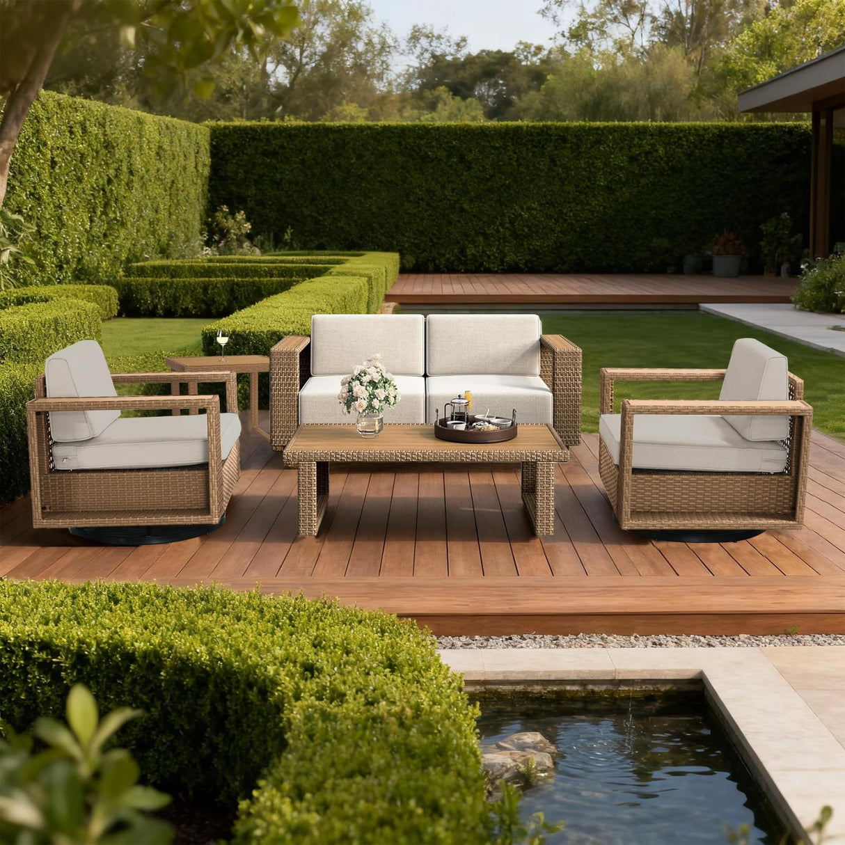 XTWEEX 6-Piece Outdoor Patio Furniture Set, Rocker Chairs and Sofa with Thick Cushions and Steel Frame and Wooden Board, PE Rattan Weaving Outdoor Conversation Set Brown/Light Gray Linen XTWEEX