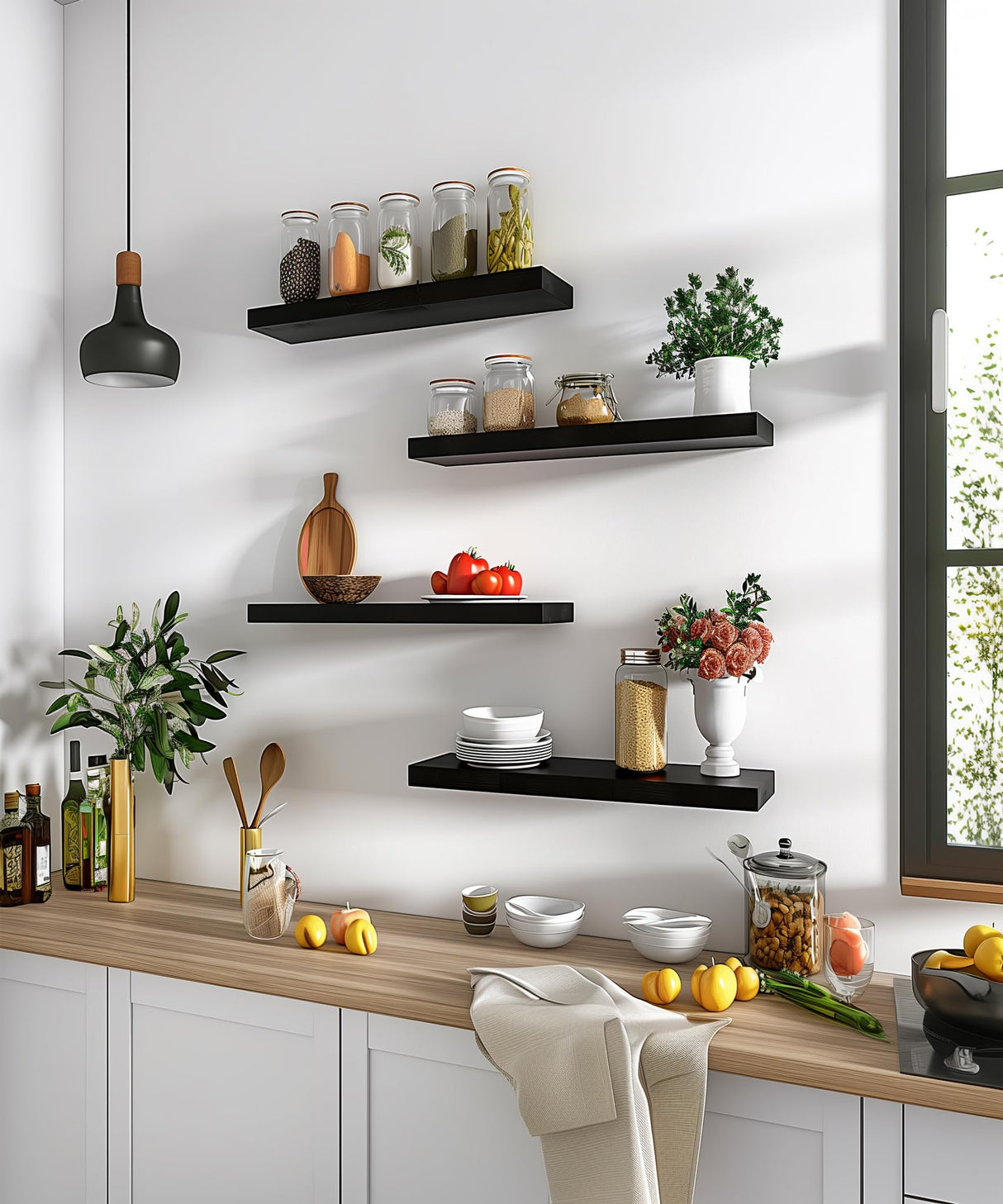 PHPH Wood Floating Shelves for Wall, Wooden Wall Shelves for Bedroom, Set of 6 Black 17 Inch PHPH