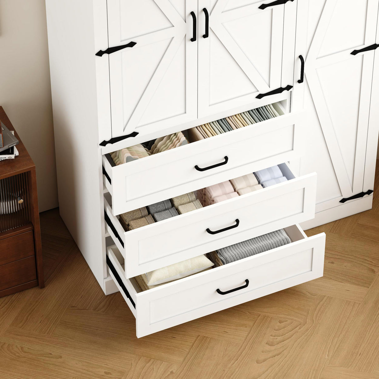 3 Door Armoire Wardrobe Closet Cabinet with 3 Drawers and Drawers, Farmhouse Bedroom Armoire with Hanging Rod and Adjustable Shelves, Large Capacity Storage Wardrobe Armoire for Bedroom, White DalyLuxa