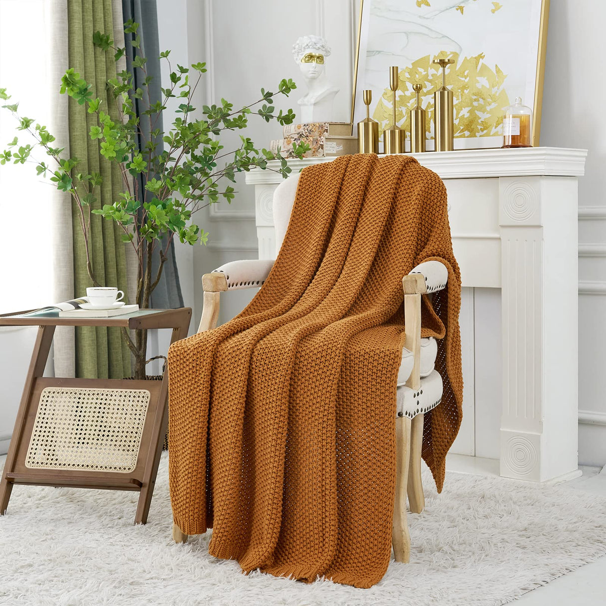Chunky Cable Knit Throw Blanket Lightweight Burnt Orange 100% Organic Cotton Blanket for Sofa Couch Bed Baby Nursery, Rustic Shabby Chic Modern Farmhouse, 60” x 80” Give Laundering Bag Longhui bedding