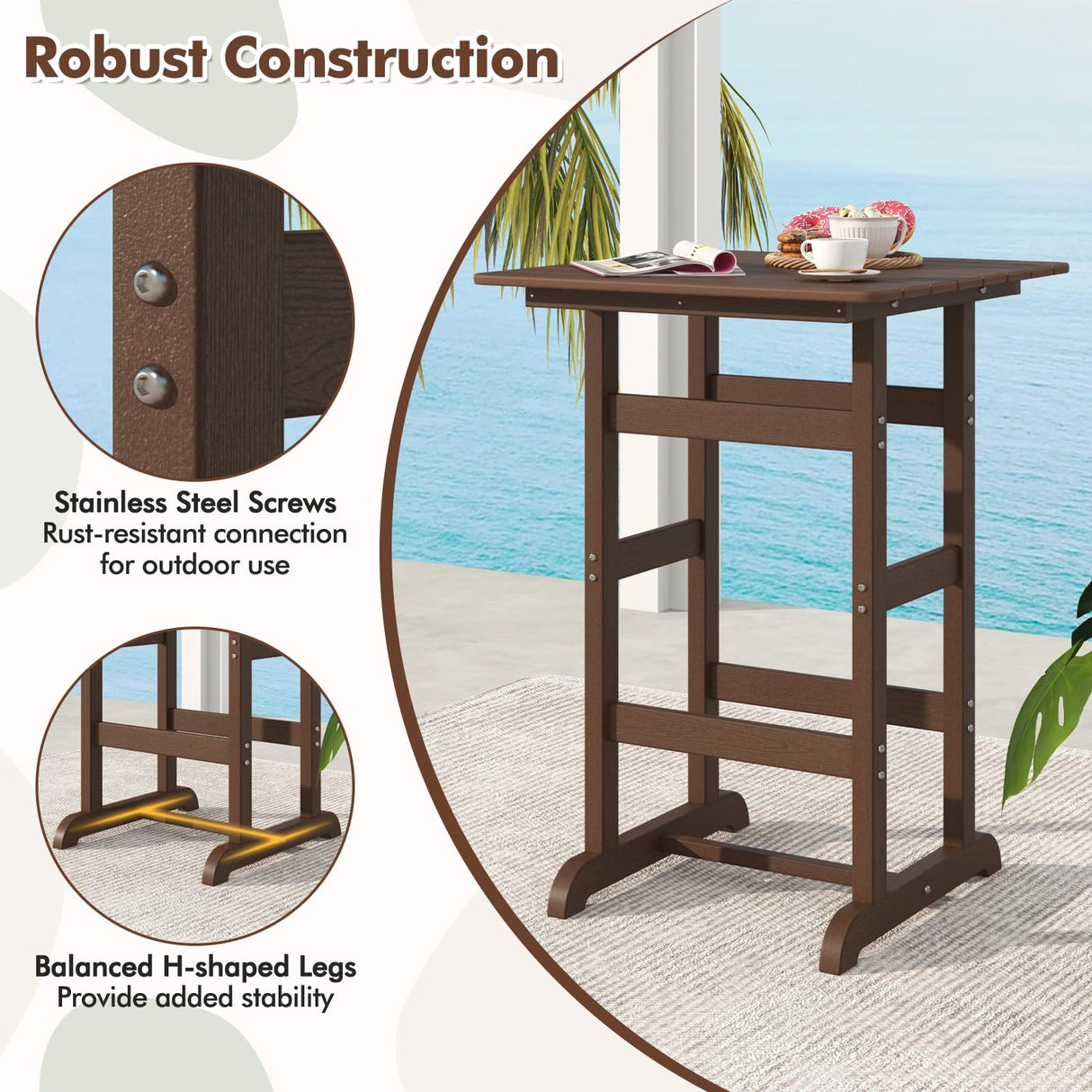 Giantex 42" Height Outdoor Tall Bar Table, HDPE Square Pub Tables with Wood Grains, High Top, Cocktail Bistro Table for Adirondack Chairs, Patio, Garden, Poolside, Yard, Balcony, Brown Giantex