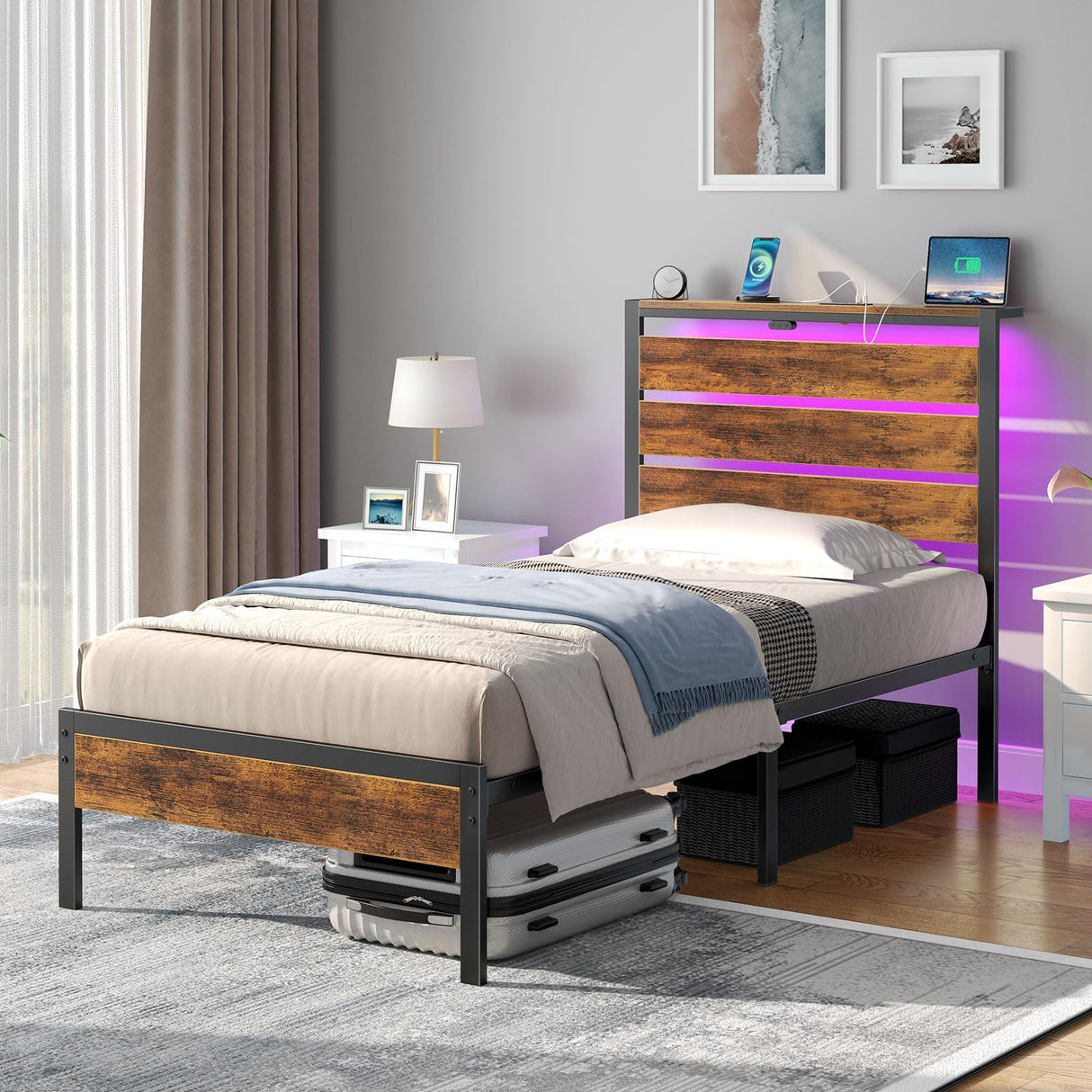 Rolanstar Bed Frame Twin Size with USB Charging Station, LED Bed Frame with Wood Storage Headboard, Rustic Brown Metal Platform Bed with Under Bed Storage, No Box Spring Needed, Noise Free Rolanstar
