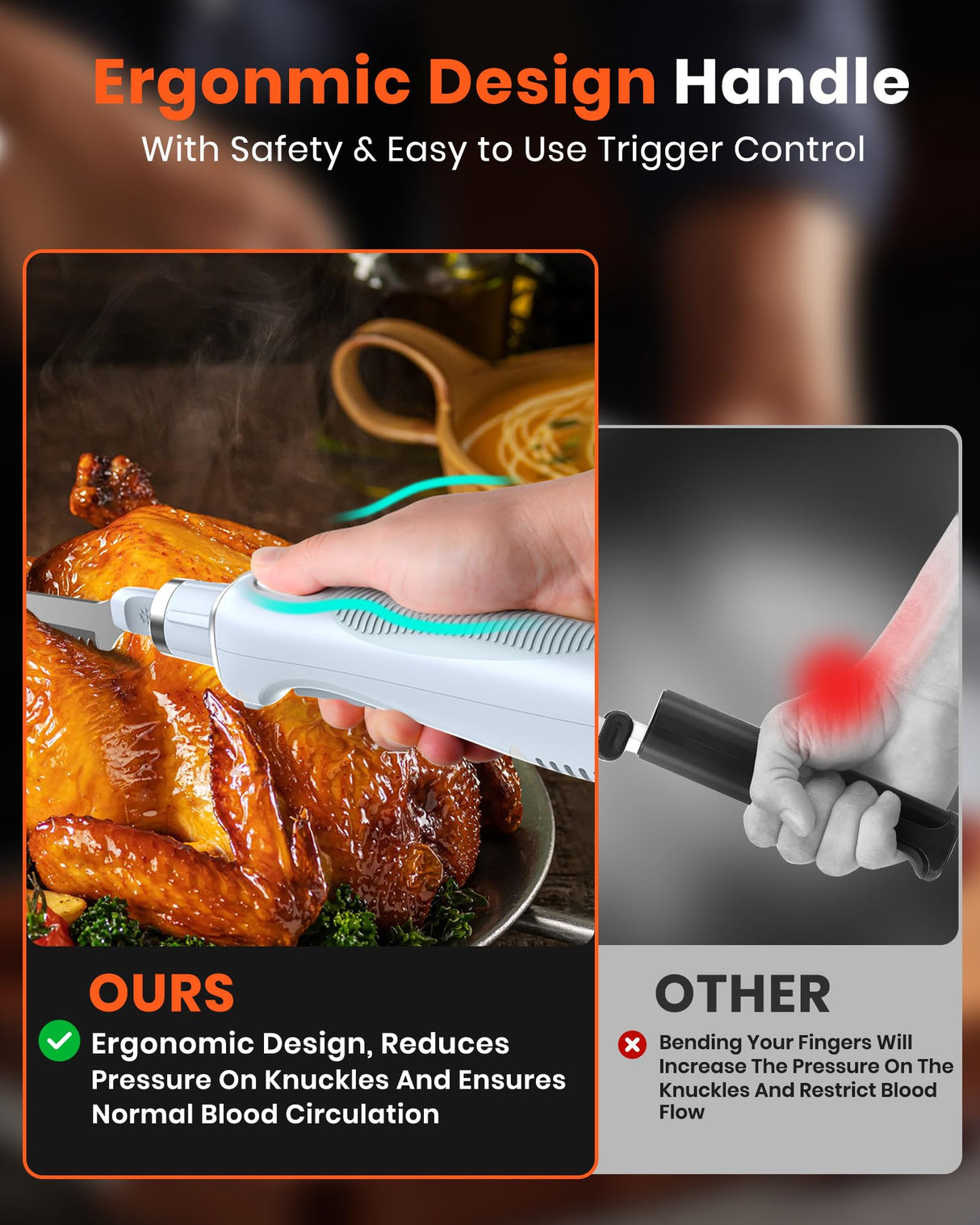 Electric Knife, Cordless Cutting Knifes, Ergonomic Design with Comfortable Contoured Grip Rechargeable Easy-Slice Electric Carving Knife for Meat Slicing, Bread, Fillet, Turkey, Blue LAUDLIFE