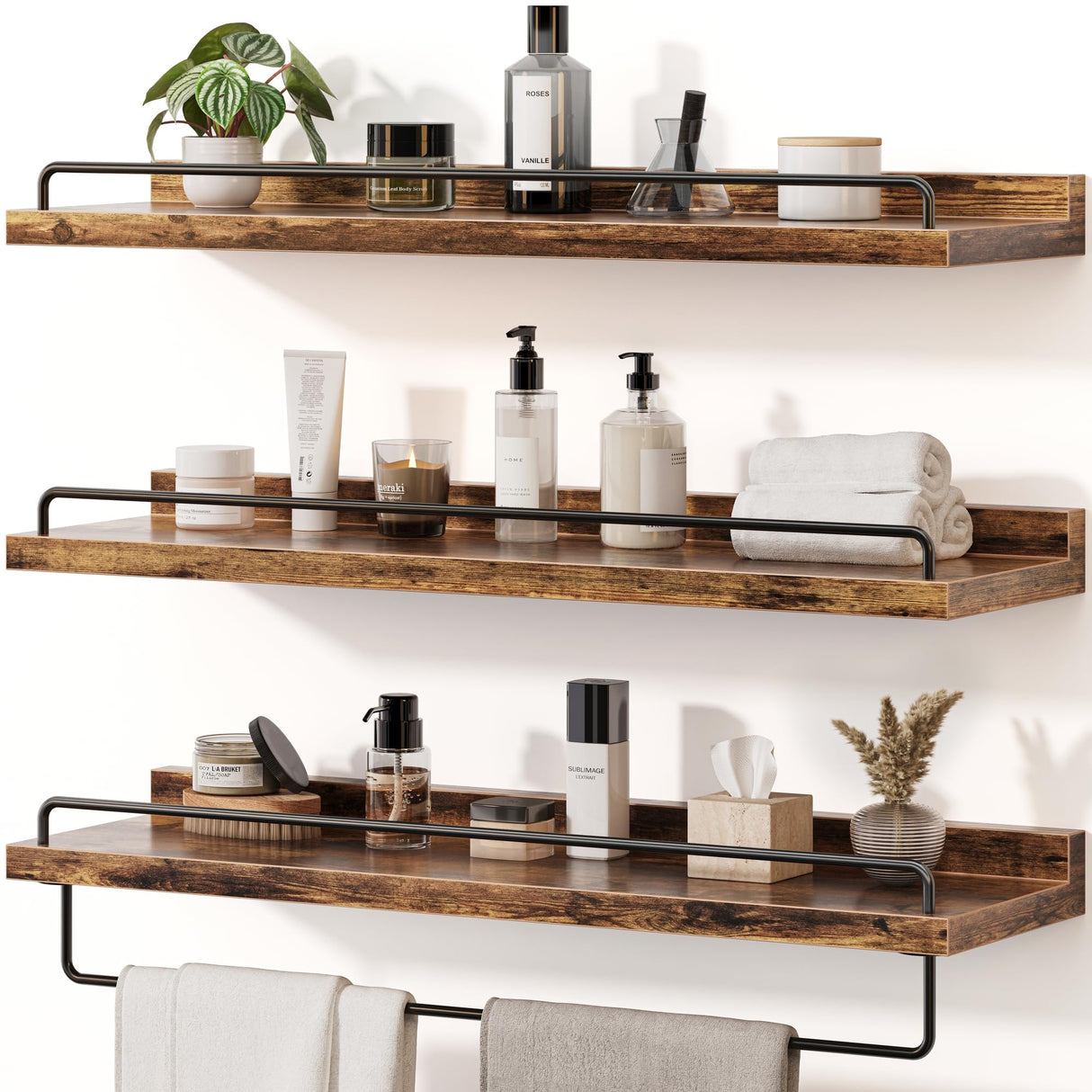 Seocry Bathroom Shelves, Wall Shelf Set of 3, Floating Shelves, Shelves for Room Wall, Bathroom Decor (Rustic Brown, 23 Inches) Seocry