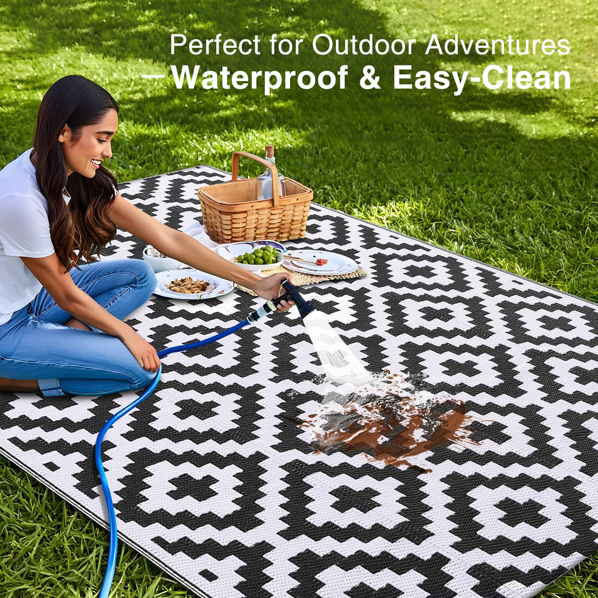 OLANLY Waterproof Outdoor Rug 5x8 ft, Outdoor Plastic Straw Rug for Camping, RV Mat Outside, Indoor Outdoor Carpet for Porch, Deck, Backyard, Balcony, Picnic, Black & White OLANLY
