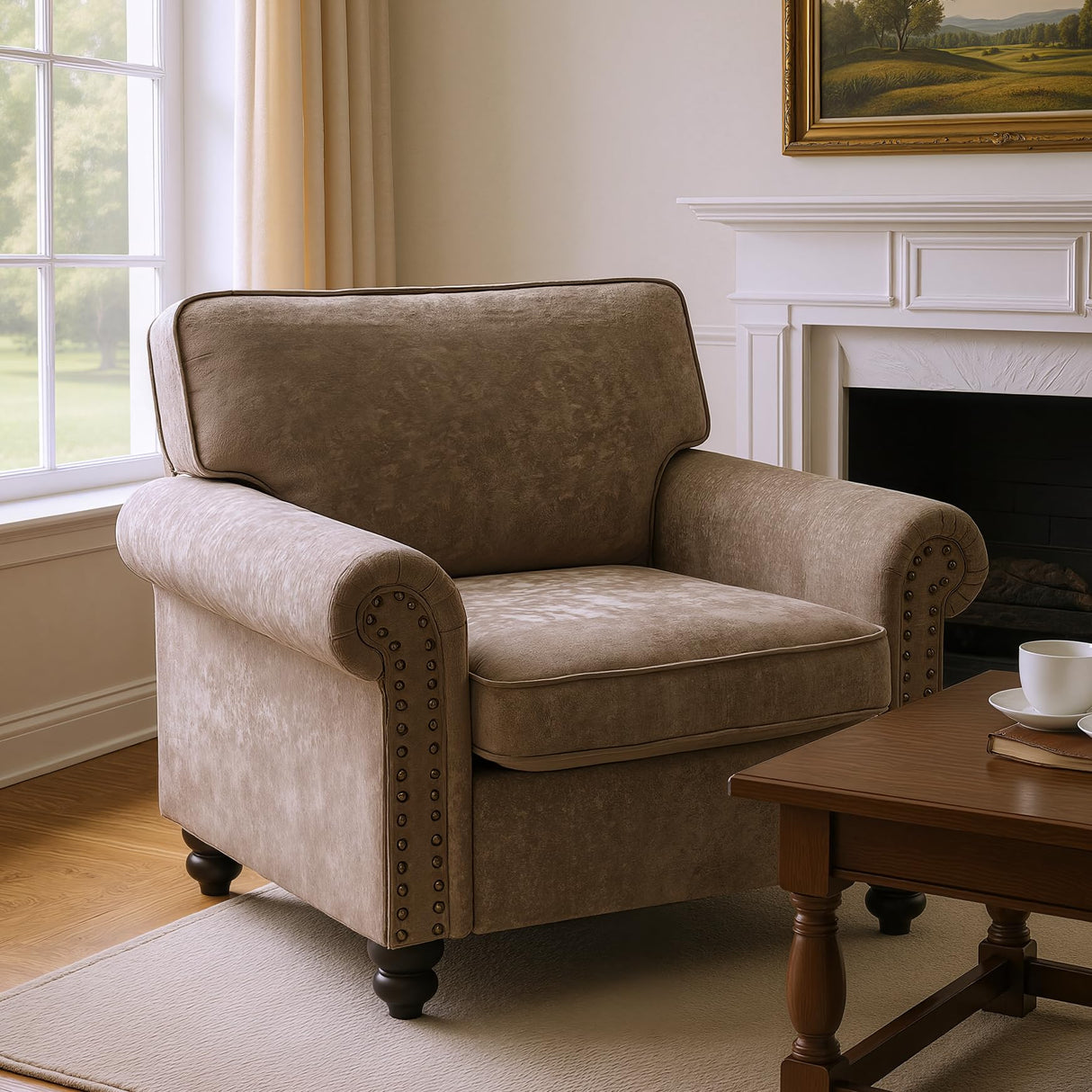 Sivoey Nailhead Armchair, Rolled Arms Accent Chair for Living Room, Single Sofa Chair with Springs Seat Cushion & Wooden Legs, Mid-Century Armchair for Apartment, Office, Farmhouse, Light Brown Sivoey