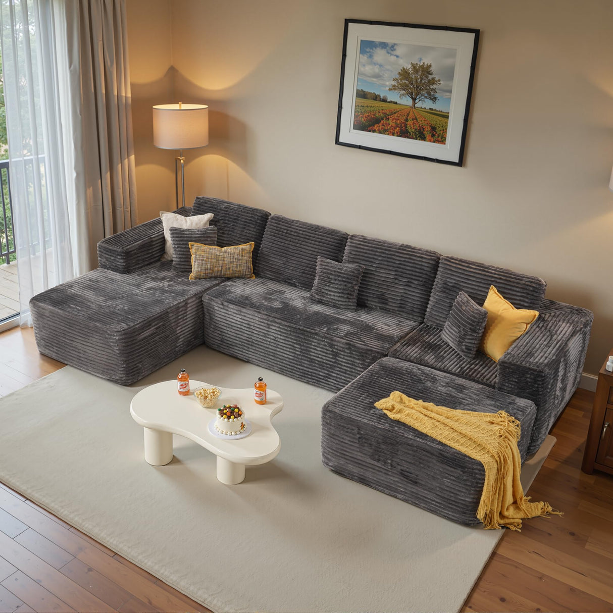 ovios Sectional Cloud Couch for Living Room, Modular Floor Sofa with Plush Corduroy, No Assembly Required, Big Comfy Couches Set with Fluffy Memory Foam, Stupendous U Shaped Sofas with Chaise, Grey ovios