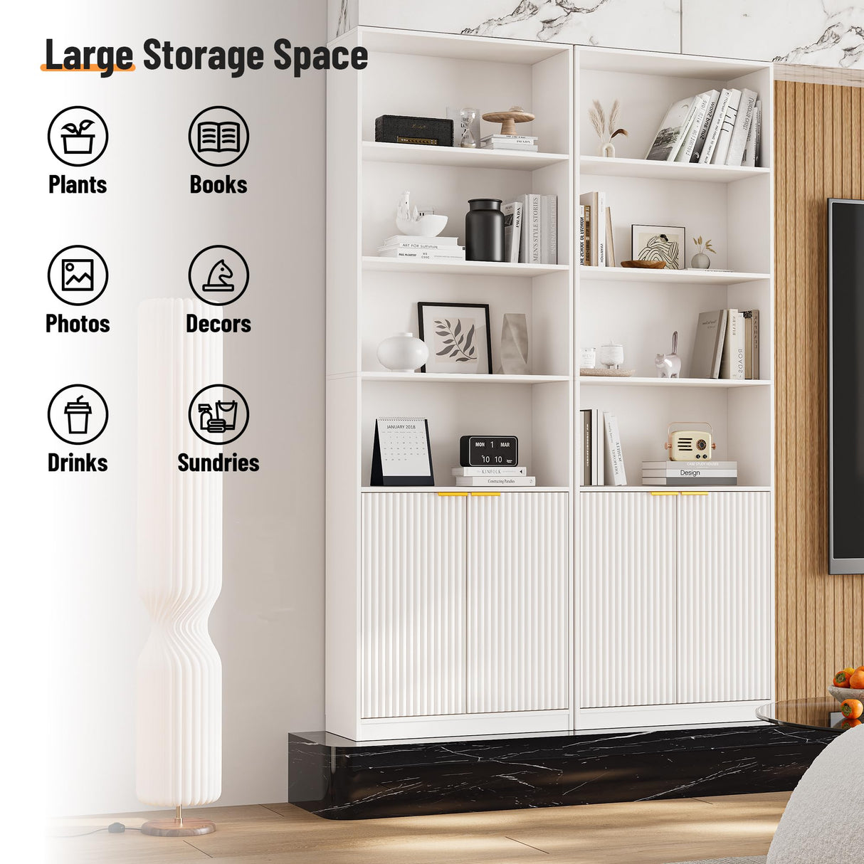 INNOD 72" Tall Book Shelf Bookcase with Doors, Floor Standing 7 Tier Bookshelf Display Shelves, Bookshelf with Storage Cabinet, Home Decor Furniture for Living Room Bedroom and Home Office INNOD