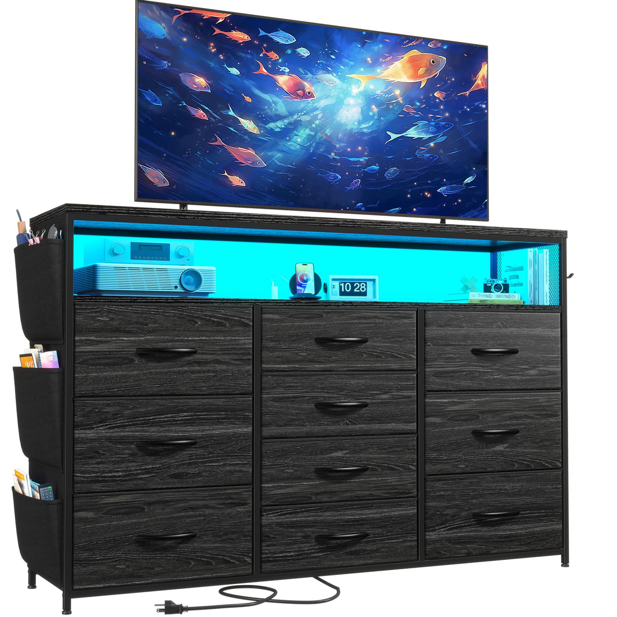 EnHomee 55" Dresser & TV Stand with 10 Fabric Drawers, Wooden Open Shelves, Power Outlets & LED Lights, Multi-Functional Storage Unit for Bedroom, Closet, Black EnHomee