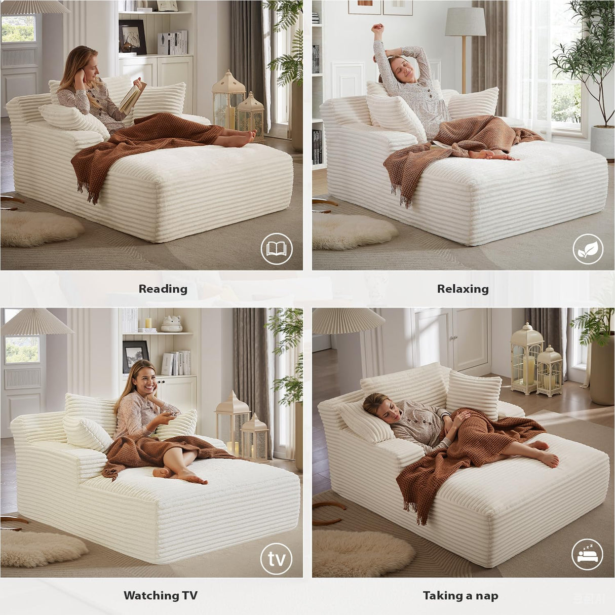 67 Inch Chaise Lounge Chair Indoor, Oversized Corduroy Upholstered Boneless Sofa Bed, Deep Seat Sleeper Couch Reading Chairs, Cloud Sofas Couches for Living Room, No Assembly Required (Beige) HANXIN