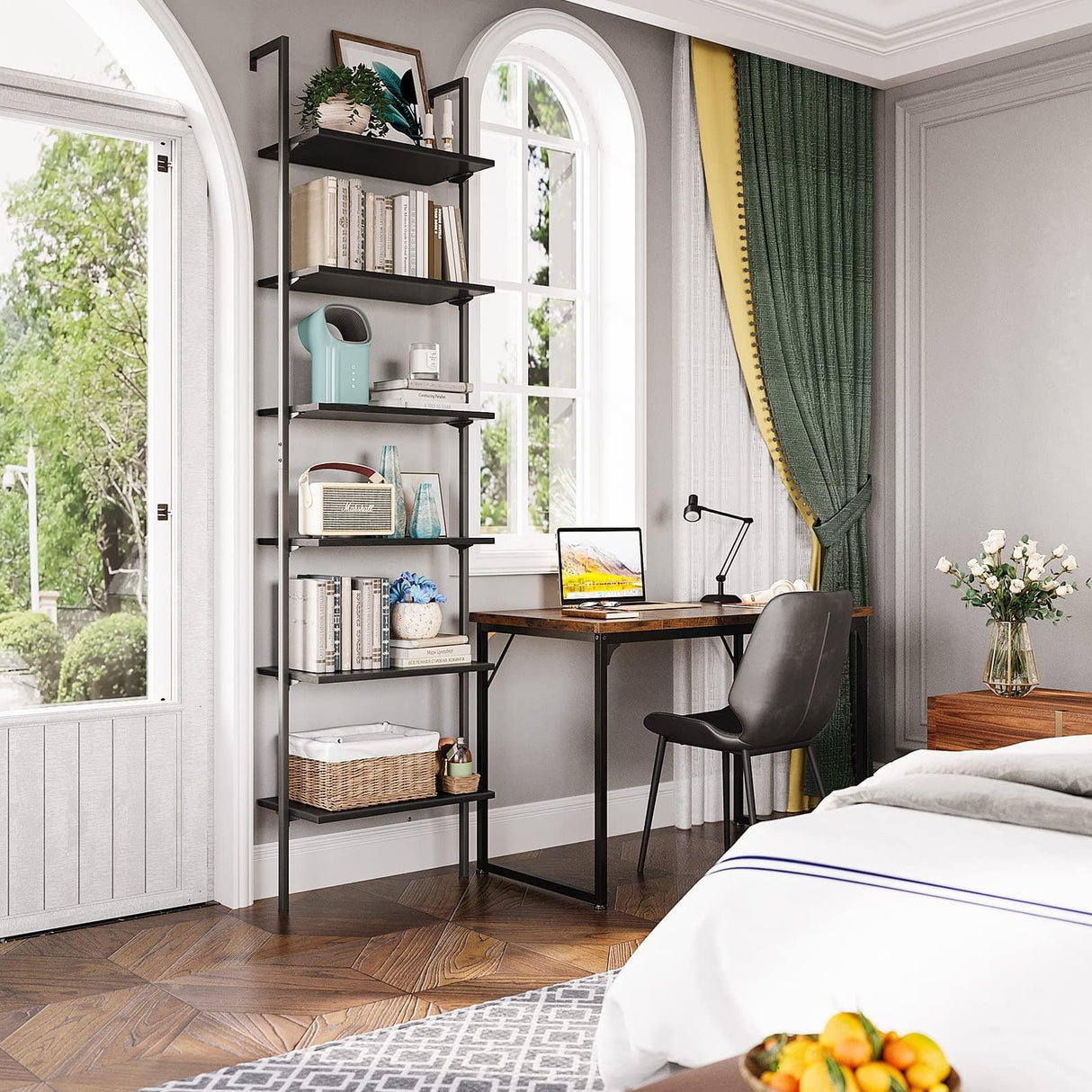 ODK 6-Tier Ladder Shelf, Book Shelf with Metal Frame, Bookcase for Living Room, Home Office, Kitchen & Bedroom, Space Saving Freestanding Organizer Rack, Black (10" D x 24" W x 87" H) ODK