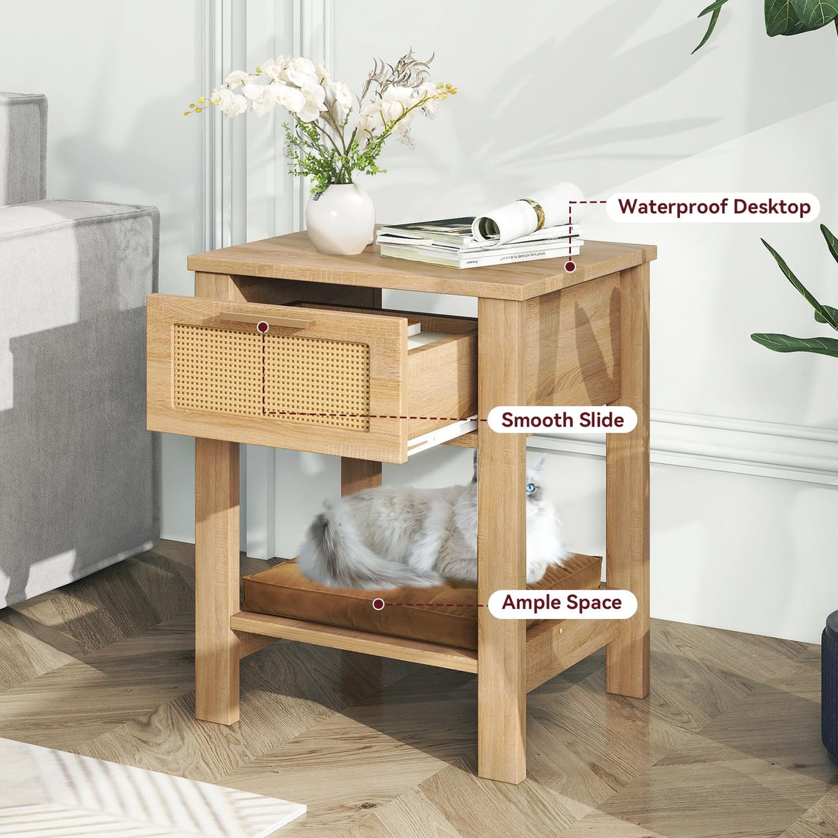 IBUYKE Rattan Nightstand Set of 2, Boho Night Stand with Drawer, Wood Bedside Tables with Storage Shelf, End Table with Legs for Bedroom, Natural UWNS011N-2 IBUYKE