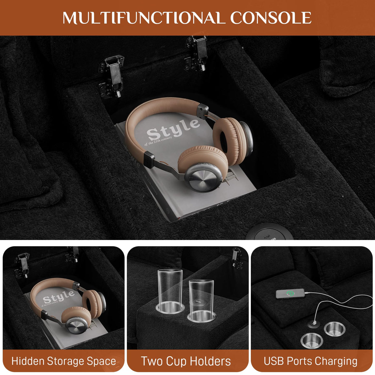 U Shaped Cloud Couch Sectional Sofa, 124" Comfy Fluffy Chenille Cloud Black Sectional Couches for Living Room with Double Chaise Lounge, Modern Modular Sofa with Central Console & USB Port ONEMMLION