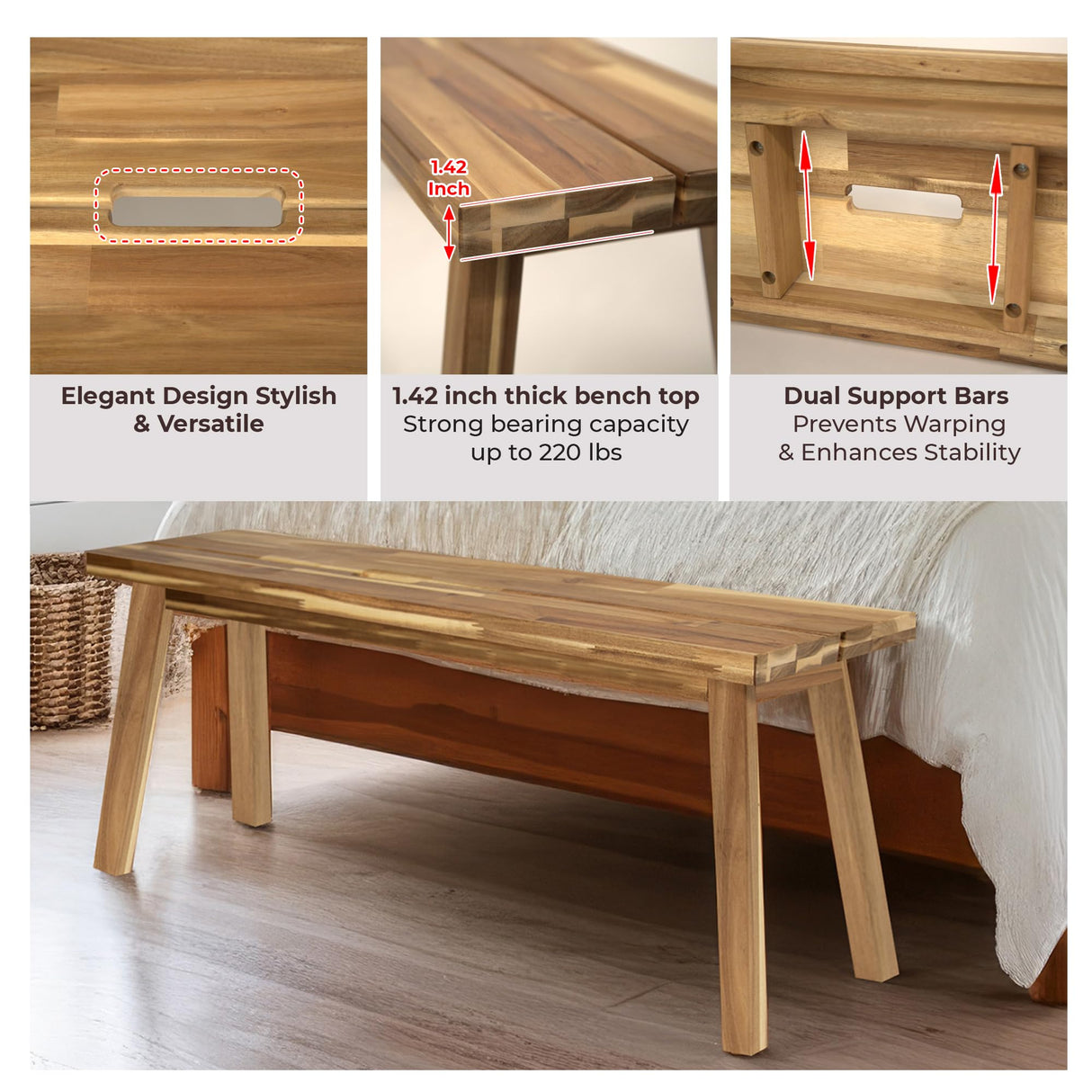 ARROWSTONE Bench 100% Solid Acacia Wood, Backless, Wax Galvanized Finish, Easy Assembly, End Table Wooden Bench Furniture for Plant, Dining Room, Entryway, Indoor (47 inches) ARROWSTONE