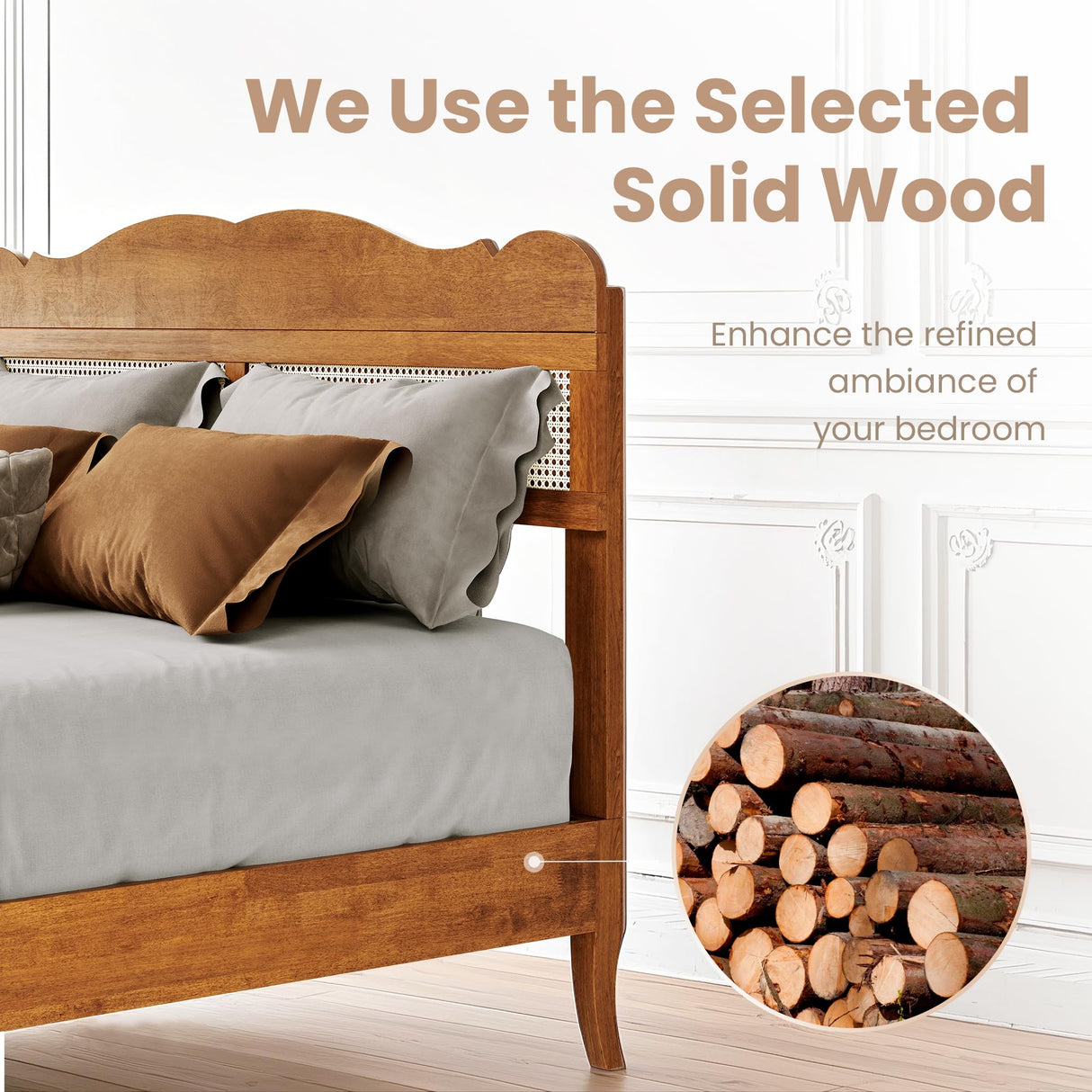 PHI VILLA Rattan King Bed Frame with Headboard, Wood Mid Century Boho Bed Frames, No Box Spring Needed, Brown PHI VILLA