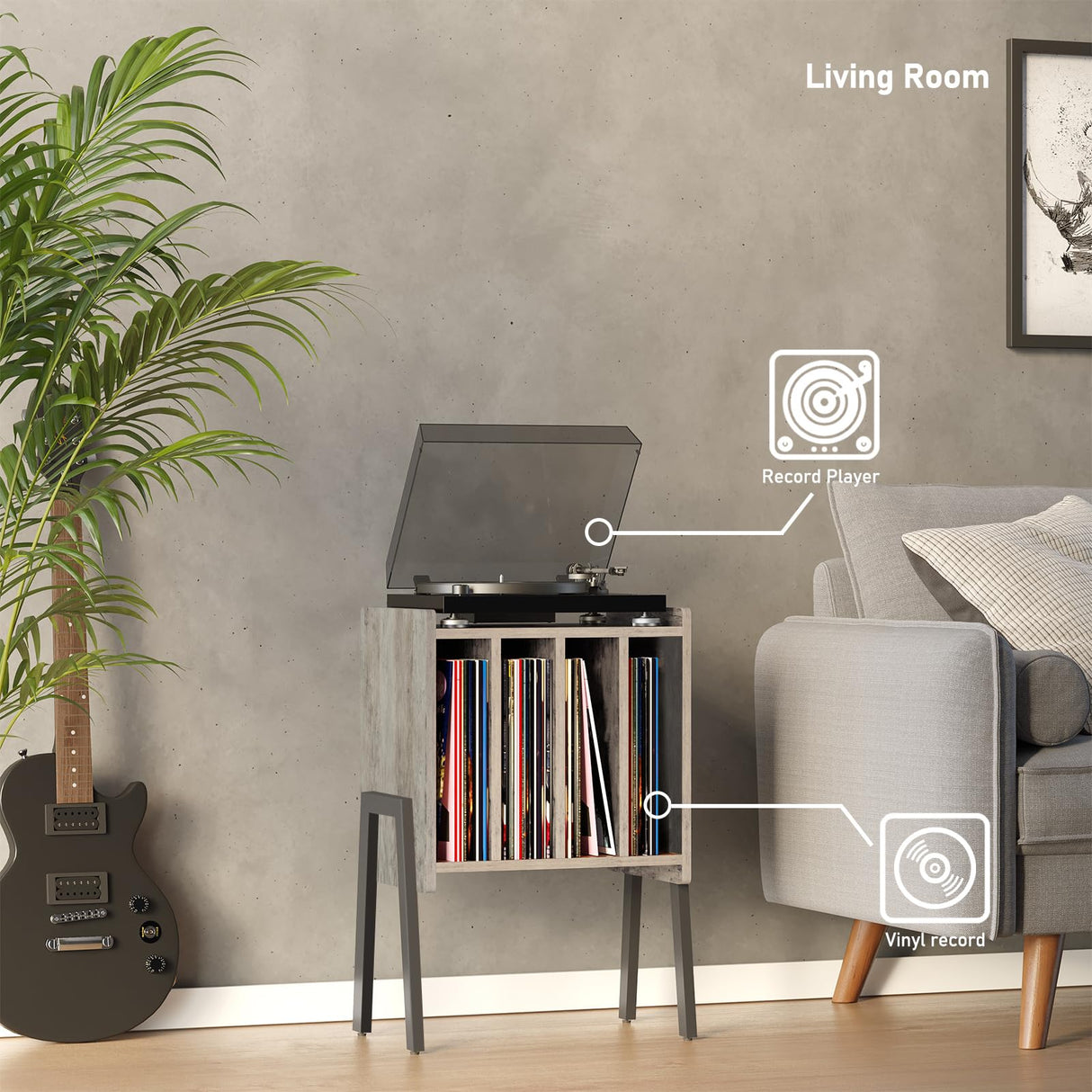 TUTOTAK Record Player Stand, Record Storage Table, End Table with Vinyl Holder Display Shelf, Side Table, Turntable Stand, Nightstand (Greige) TUTOTAK