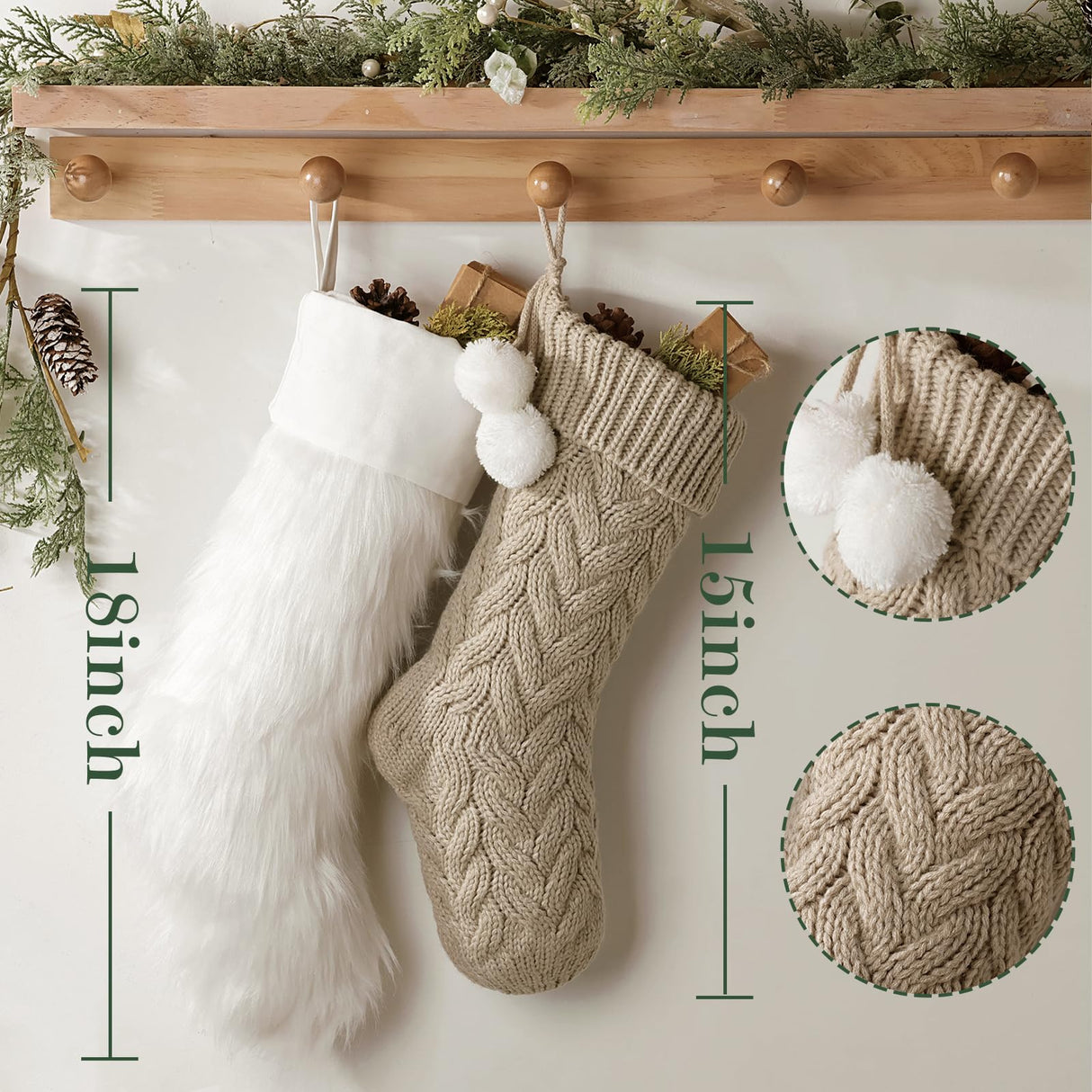 Pawliss Christmas Stockings: 5 Pack Farmhouse Plush Faux Fur & Cable Knitted Fireplace Xmas Stockings, Hanging Gifts Cozy Personalized Stocking Decorations for Family Holiday Décor, White Gray Beige Pawliss