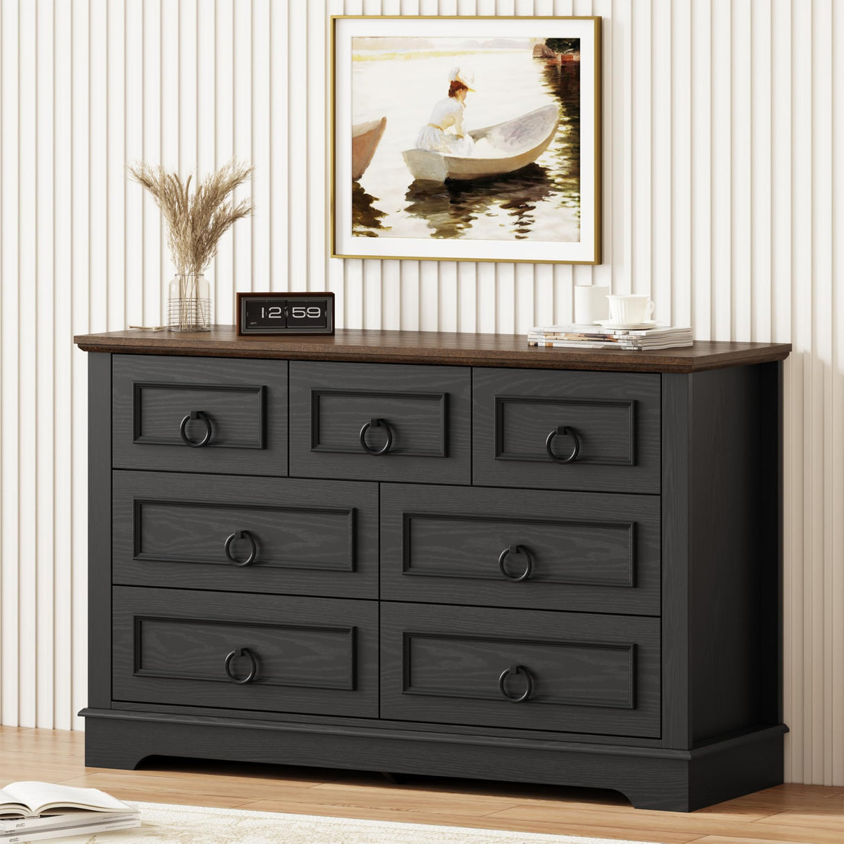 LIKIMIO Farmhouse Dresser for Bedroom with 7 Drawer, 47.2" Wide Wood Rustic Chest of Drawers with Round Metal Handle, Thickened Desktop, Storage Dressers for Bedroom, Hallway, Entryway, Black LIKIMIO