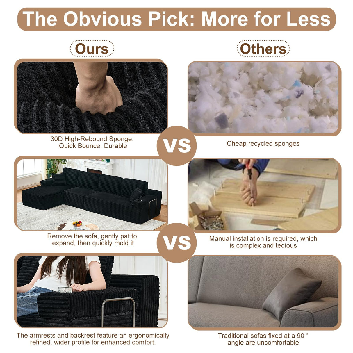 133" Cloud Sectional Couch with L-Shape Chaise,Modern Minimalist Upholstered Couches with Deep Seat,Corduroy Boneless Couches for Living Room Bedroom,No Assembly Required (Black,Left Facing Chaise) soothroom