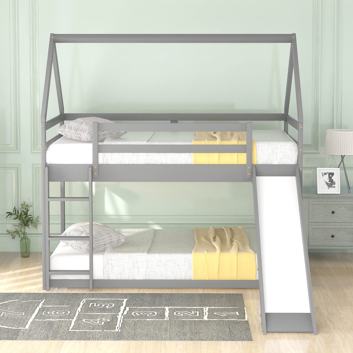 Harper & Bright Designs Twin Bunk Beds for Kids,Wood House Bunk Bed Twin Over Twin,Kids Bunk Bed with Slide and Roof for Girls Boys,Grey Harper & Bright Designs