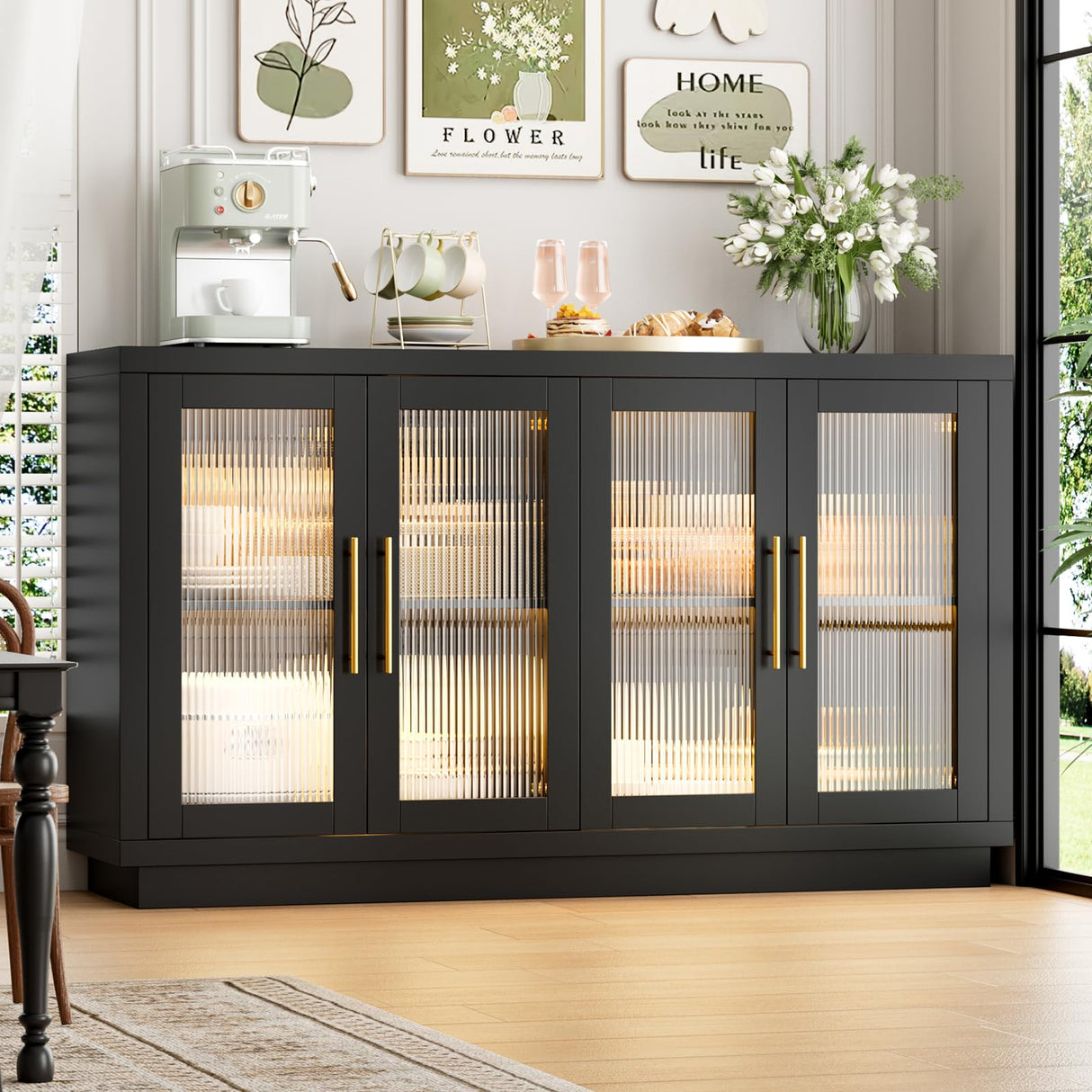 FOTOSOK Buffet Cabinet with Storage, 55.1" Large Sideboard Buffet Cabinet, Modern Sideboard Kitchen Cabinet with 4 Fluted Glass Doors, Wood Coffee Bar Cabinet Buffet Table for Kitchen, Black FOTOSOK