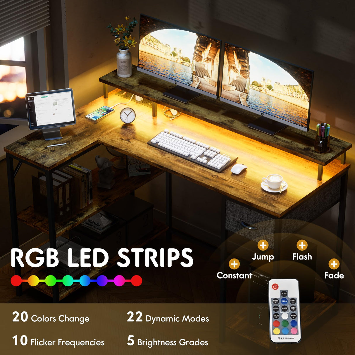 Homall L Shaped Gaming Desk with LED Lights&Power Outlets, 47'' Reversible Computer Corner Table with Shelves&Monitor Stand, Home Office(Rustic Brown) Homall