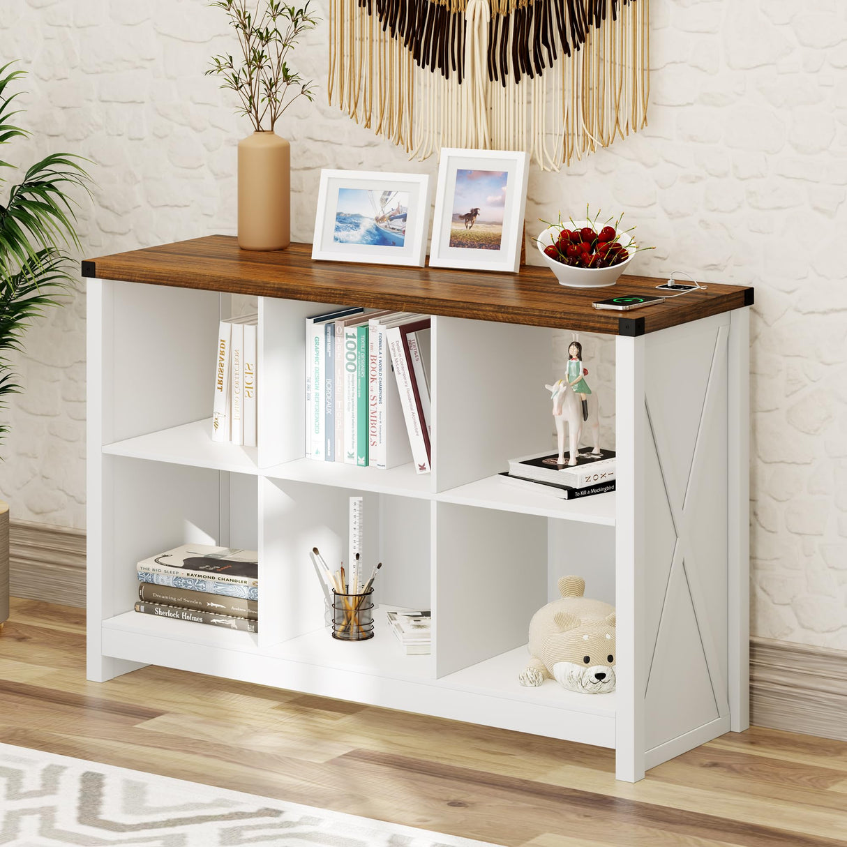 HWB Farmhouse 6 Cube White Bookcase with LED Lighting and Charging Station HWB
