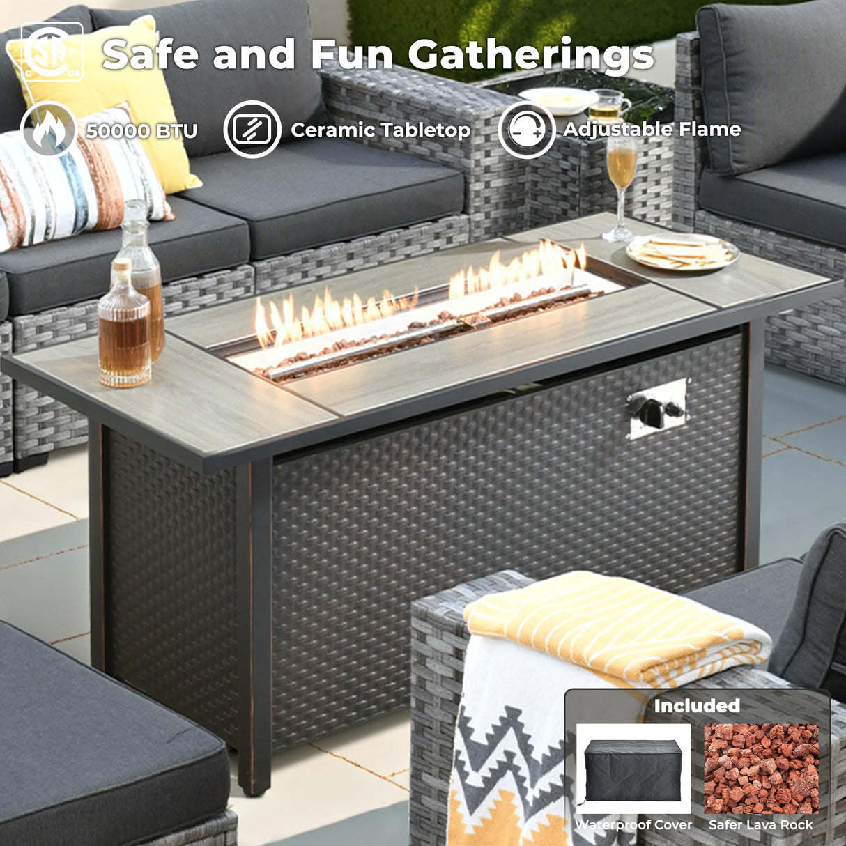 ovios 10 Pieces Patio Furniture Set, Outdoor Wicker Sectional Sofa with 54" Fire Pit Table Swivel Chairs, Modern Modular Deep Seat Rattan Couch Conversation Sets, Black ovios