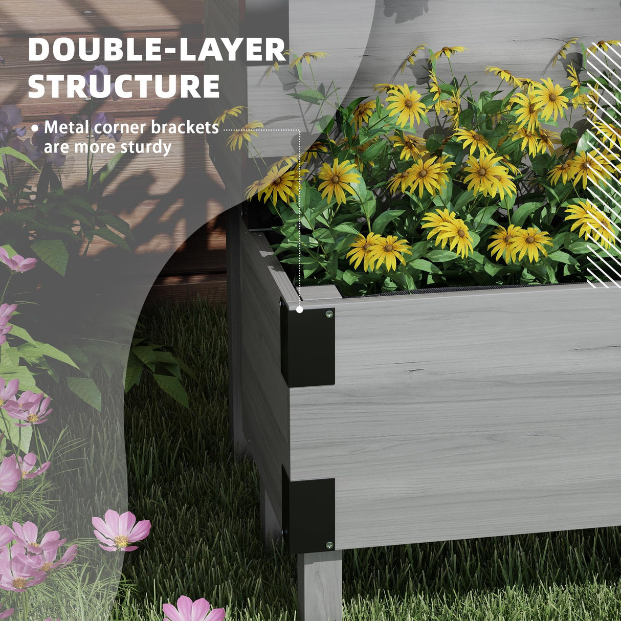 Outsunny Raised Garden Bed with Trellis, 2 Tier Wooden Elevated Planter Box with Legs and Metal Corners for Vegetables, Flowers, Herbs, Gray Outsunny